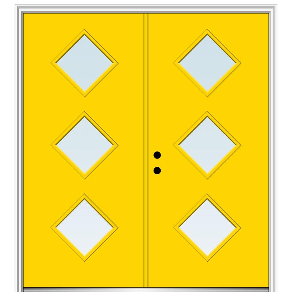 MMI DOOR ZZ348937R Spotlights 72-in x 80-in x 6-9/16-in Fiberglass Half lite Right-hand inswing Yellow Flash Painted Prehung Double Front Door with Brickmould Insulating core