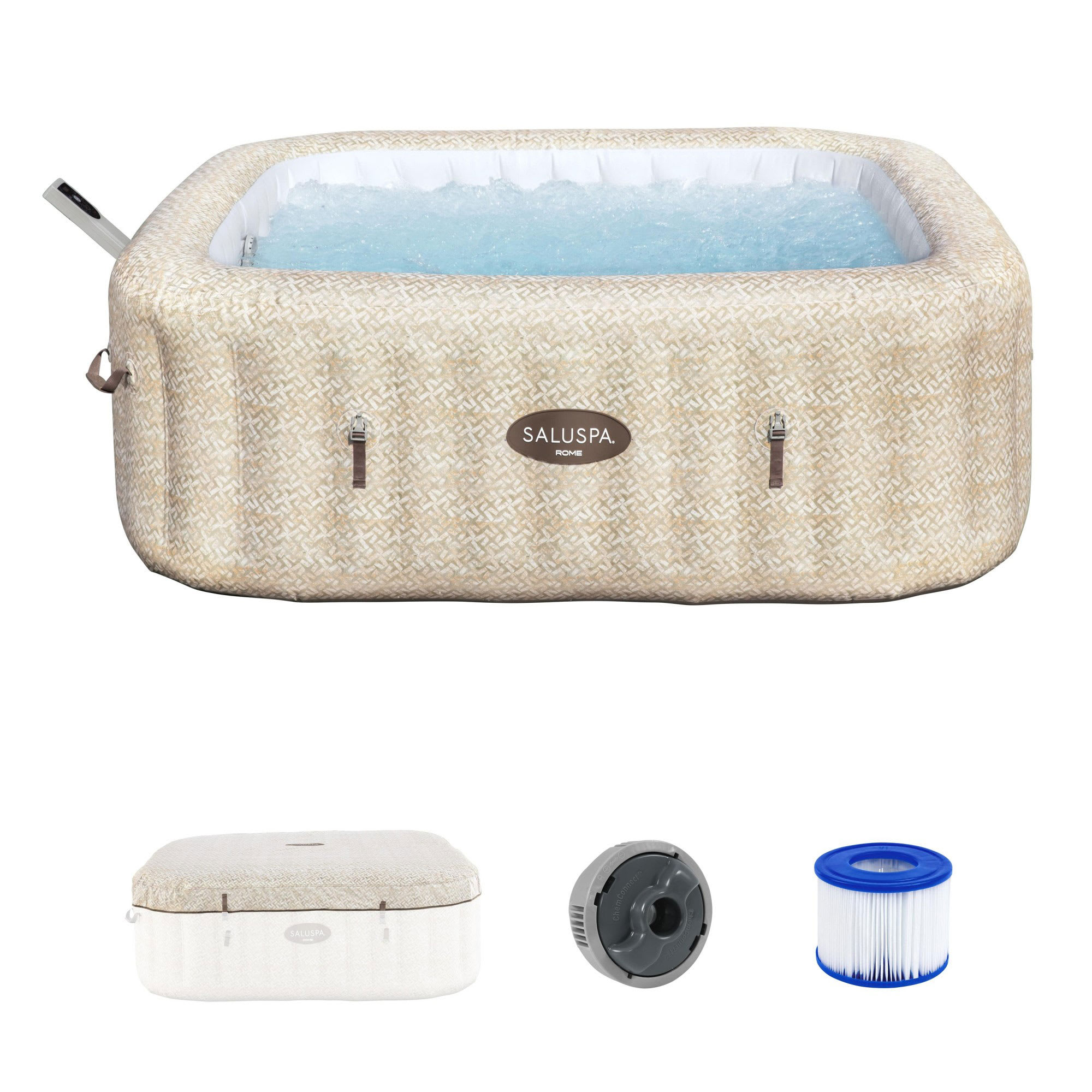 Bestway SaluSpa Rome Smart AirJet Inflatable Hot Tub Square Portable 5-7 Person Spa with 180 AirJets App Control and EnergySense Cover Sand Marble #407730