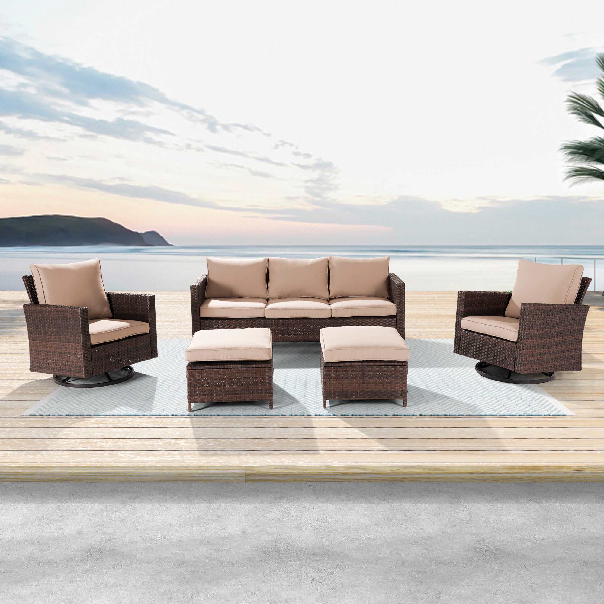Aok Garden LWP-S1-2RBSD 5 Pieces Wicker Patio Conversation Set with Ottomans and Beige Cushions