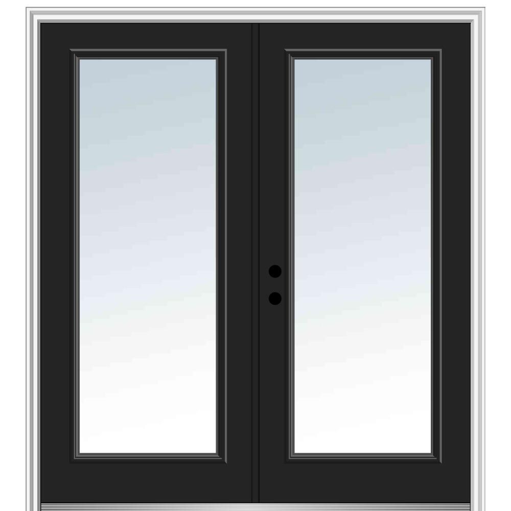 MMI DOOR ZZ24261R 64-in x 80-in x 6-9/16-in Fiberglass Full lite Right-hand inswing Black Painted Prehung Double Front Door with Brickmould Insulating core