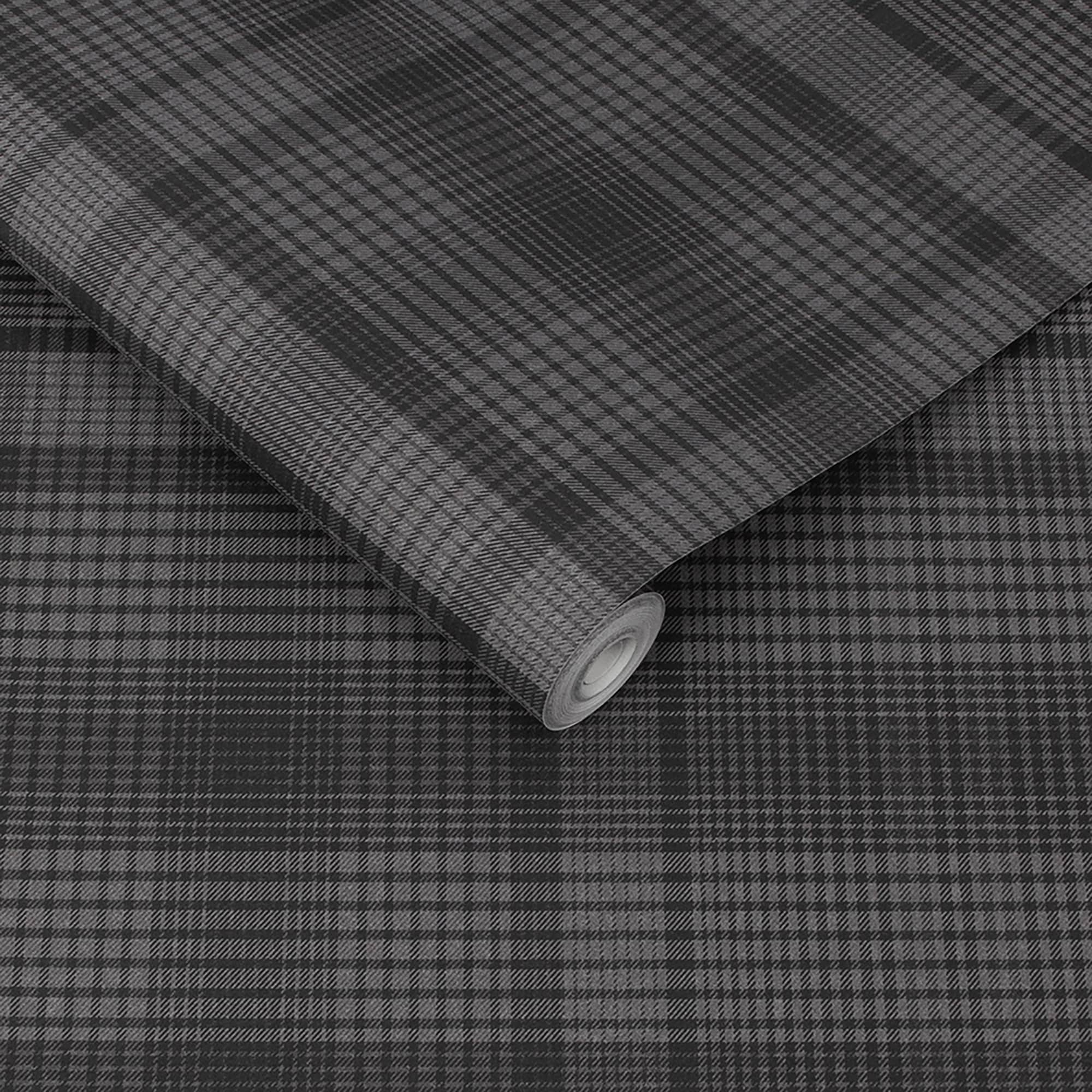 Heritage Charcoal Grey and Black Plaid Wallpaper Roll
