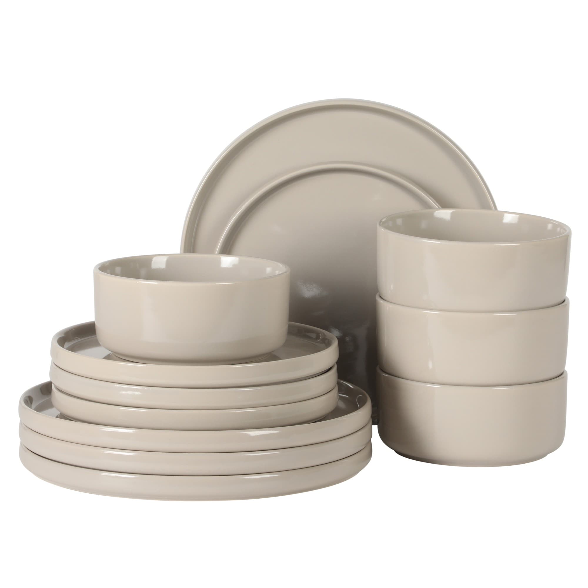 Gibson Elite  Moonstone 12 Piece Modern Stoneware Dinnerware Set for 4 Grey Plates and Bowls Set Dinner Plates Salad Plates Bowls
