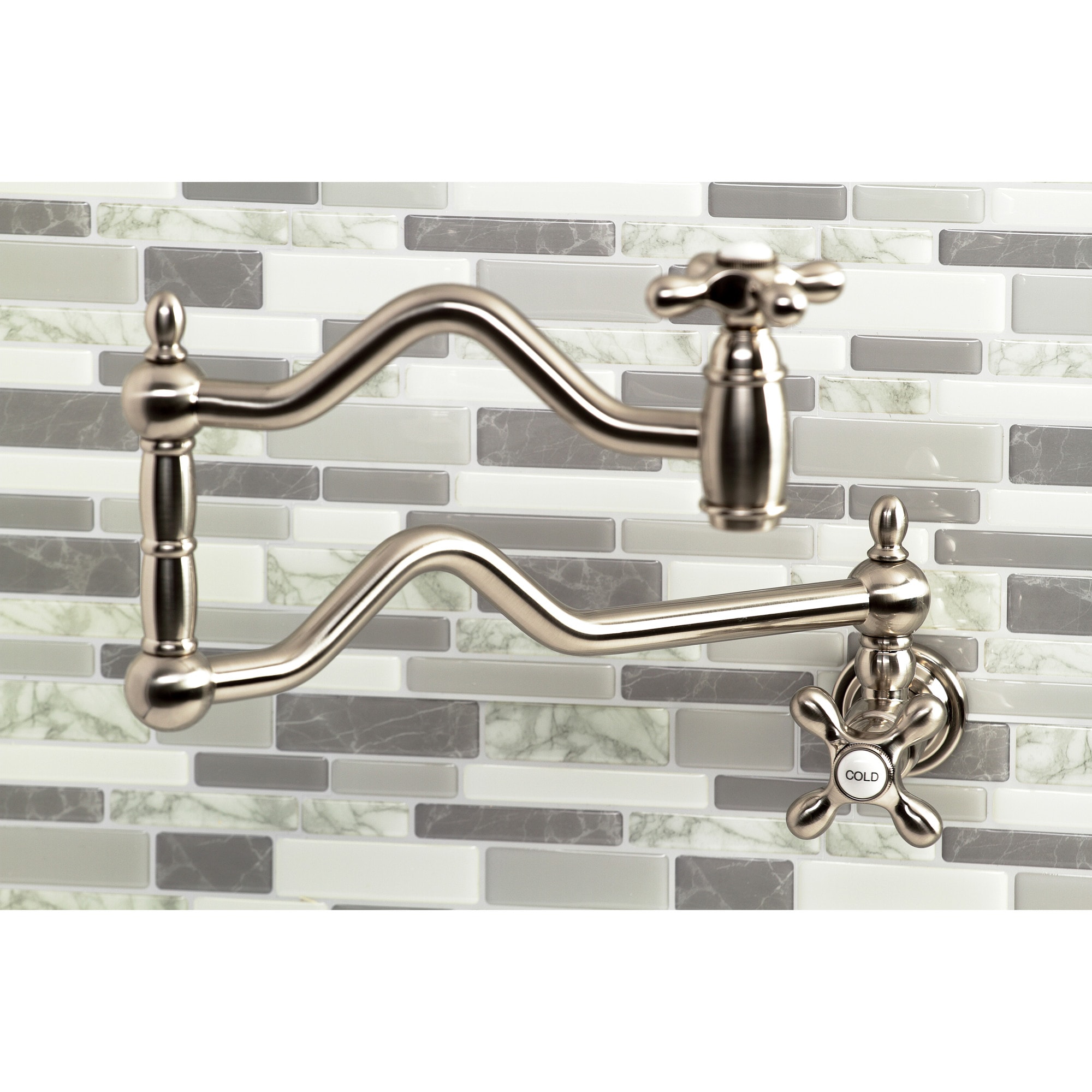 Kingston Brass Heritage Brushed nickel Double Handle Wall-mount Pot Filler Kitchen Faucet with Sprayer