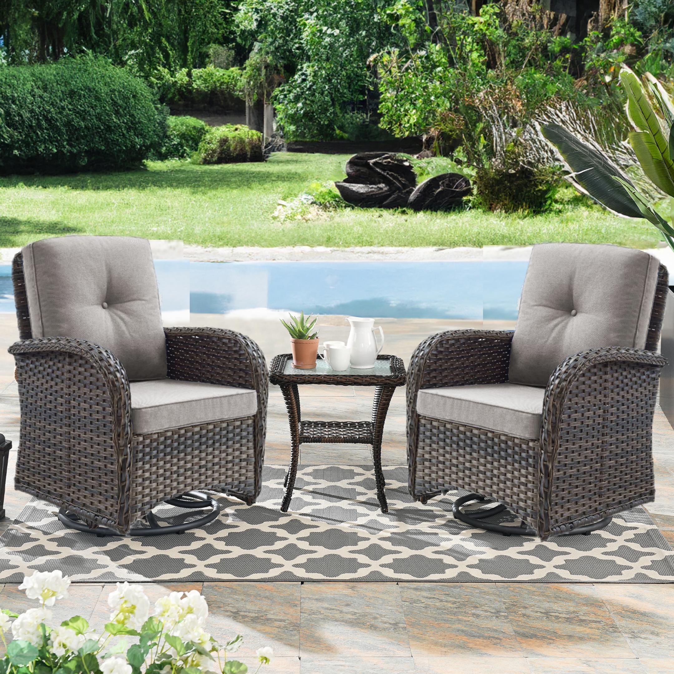 PA085-3 PACHAIRS-T Set of 2 Wicker Brown Steel Frame Swivel glider Conversation Chair with Gray Cushioned Seat