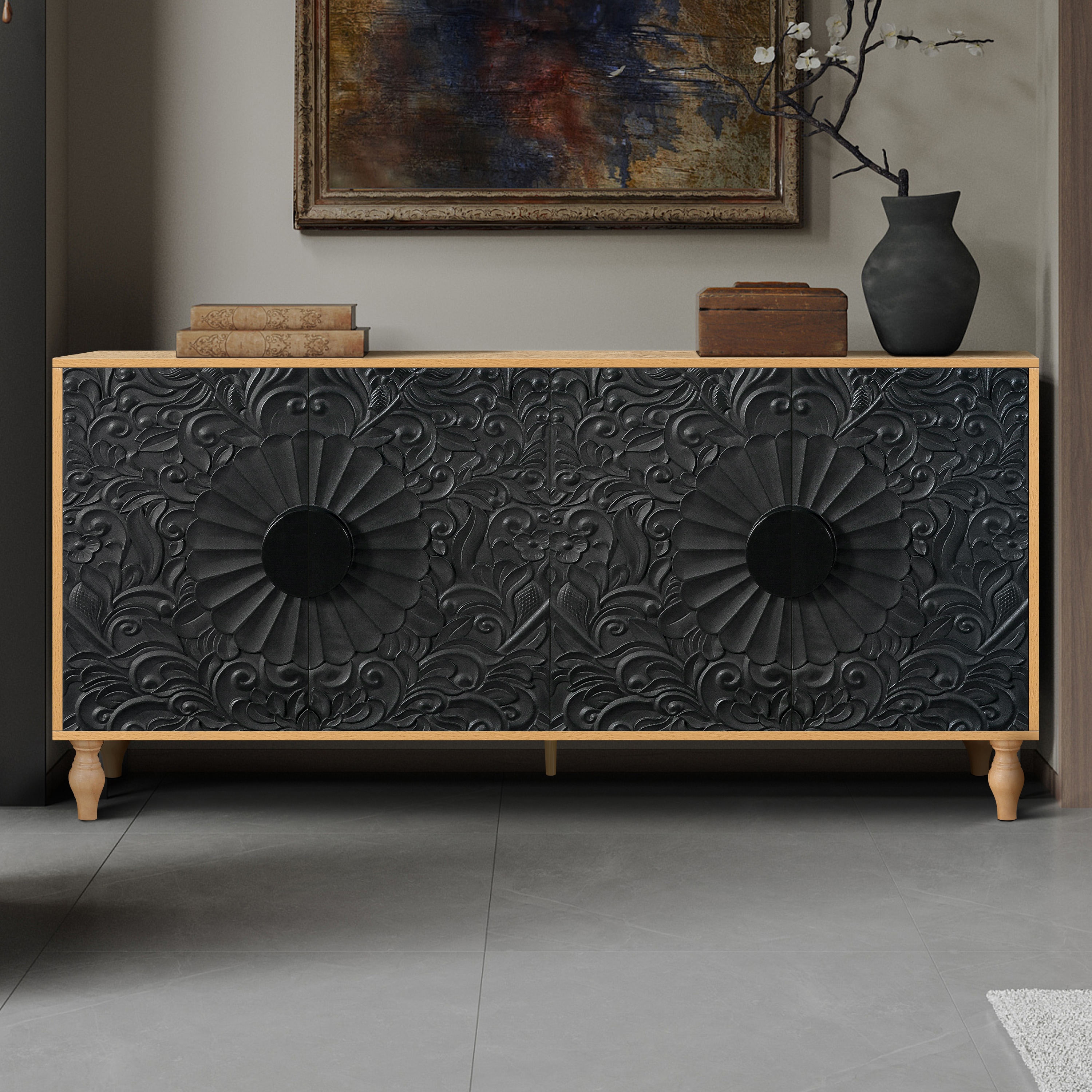 GDFStudio Black and Natural Carved Symmetrical Door TV Stand Table for Living Room or Entryway