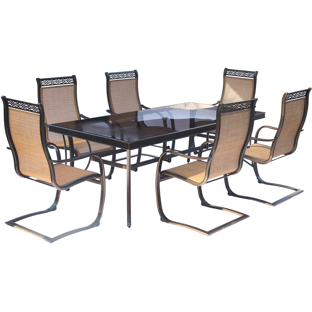 Hanover MONDN7PCSPG Monaco 7 -Piece Bronze Patio Dining Set Aluminum Rectangle Table with 6 Tan C-spring Chairs