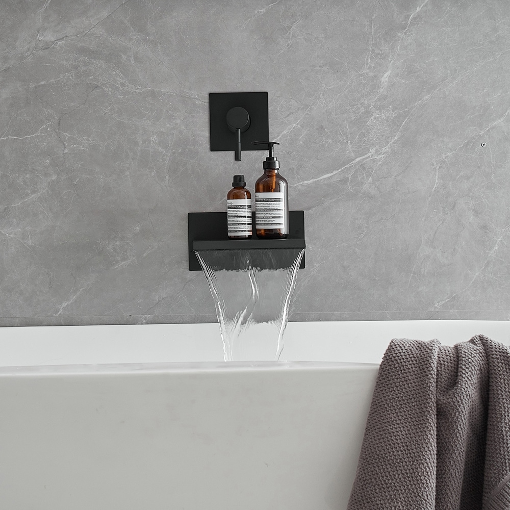 Matte Black Wall-Mount Waterfall Tub Faucet with Lever Handle