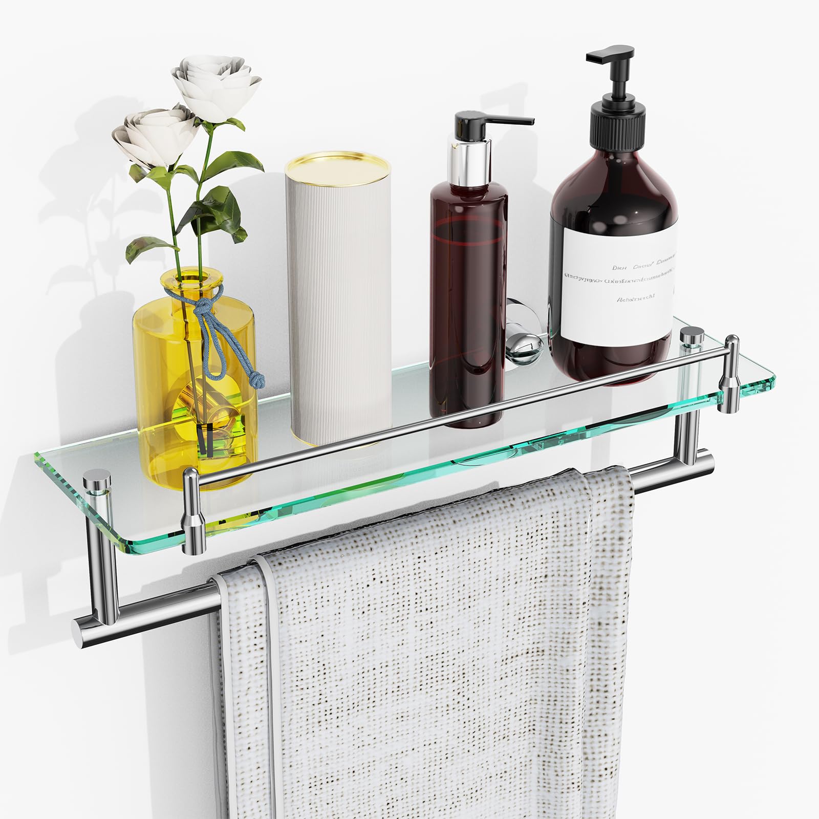 Lovav Chrome Polished 16 Inch Tempered Glass Bathroom Shelf with Towel Bar Wall Mount Stainless Steel Storage Rack