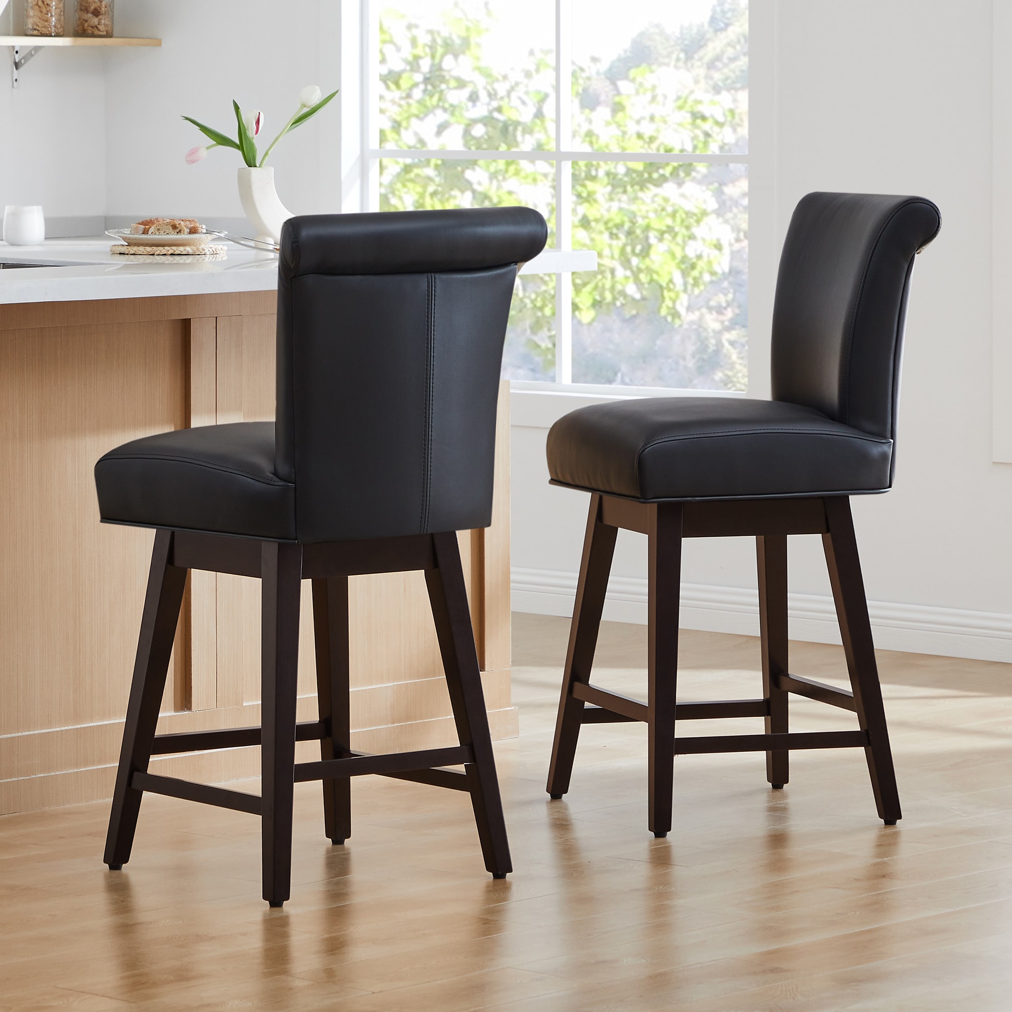 Circle 55 2-LWSY606D-PU223 Black 26-in H Counter height Upholstered Swivel Wood Bar Stool 2 -Pack