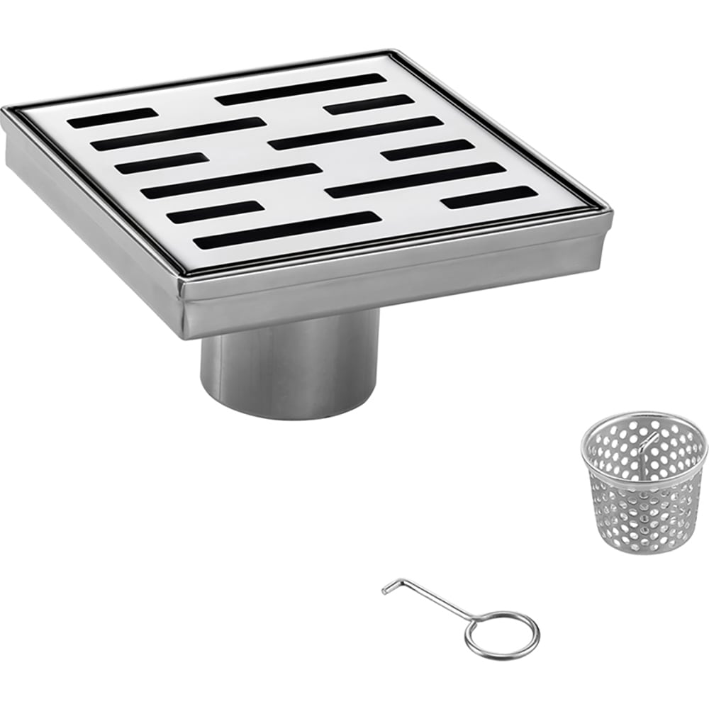 ELEGANTE DRAIN COLLECTION KD01A113-6 6 in. Slot Pattern Cover Stainless Steel Square Stainless Steel Shower Drain
