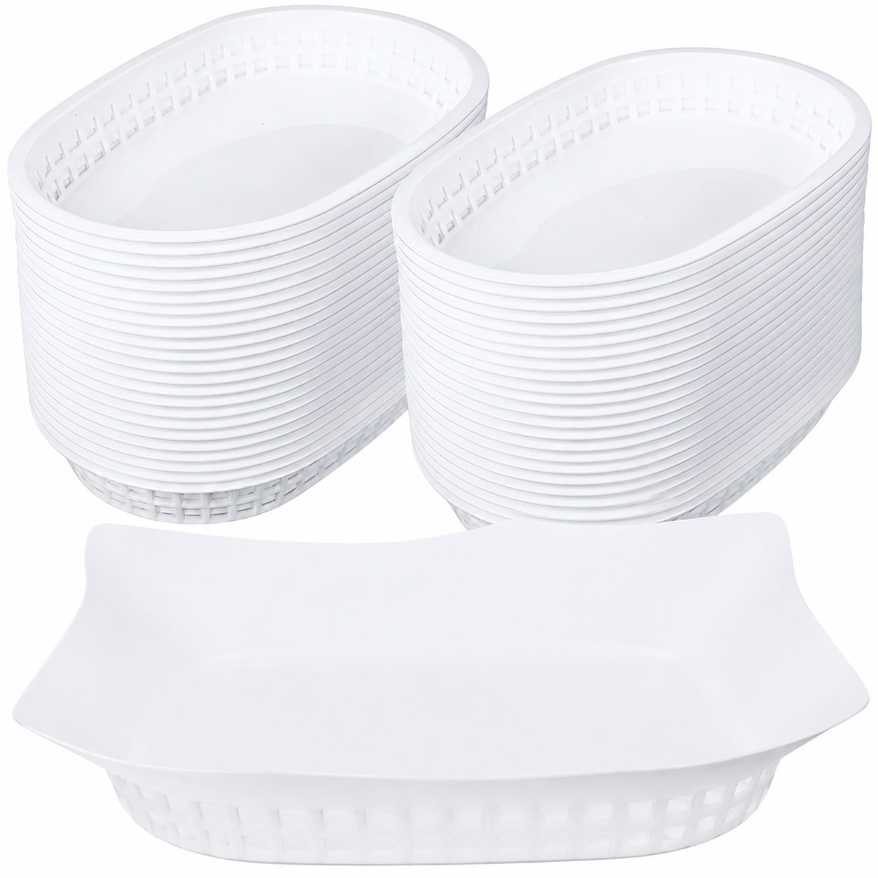 Aoibox  50 Pack Oval Plastic Food Serving Baskets 10 5 x 7 In Reusable White Fry Baskets for Restaurant Use