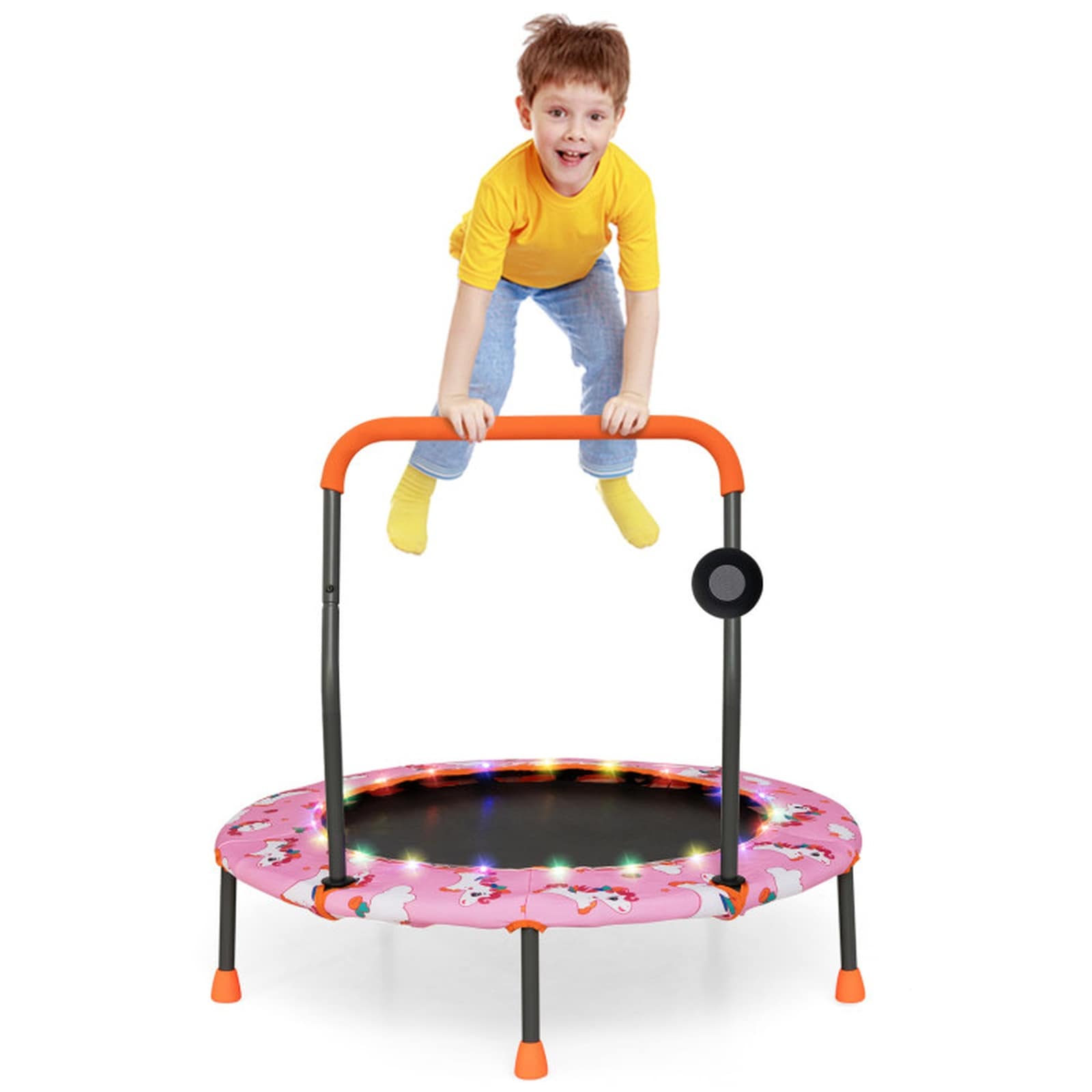 SUGIFT 36-in Kids Mini Trampoline with 21 Colorful LED Lights Detachable Bluetooth Speaker 24.5-in PP Jumping Mat and 20 High-Elastic Bungee Cords Powder-Coated Steel Frame Anti-Slip Foam Handle 55-lb Capacity for Indoor Play and Exercise Ages 3 and Up Pink