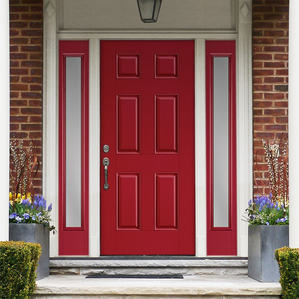 Masonite 1218378 60-in x 80-in x 4-9/16-in Fiberglass No glass Right-hand inswing Roma Red Painted Prehung Front Door with Sidelights with Brickmould Insulating core
