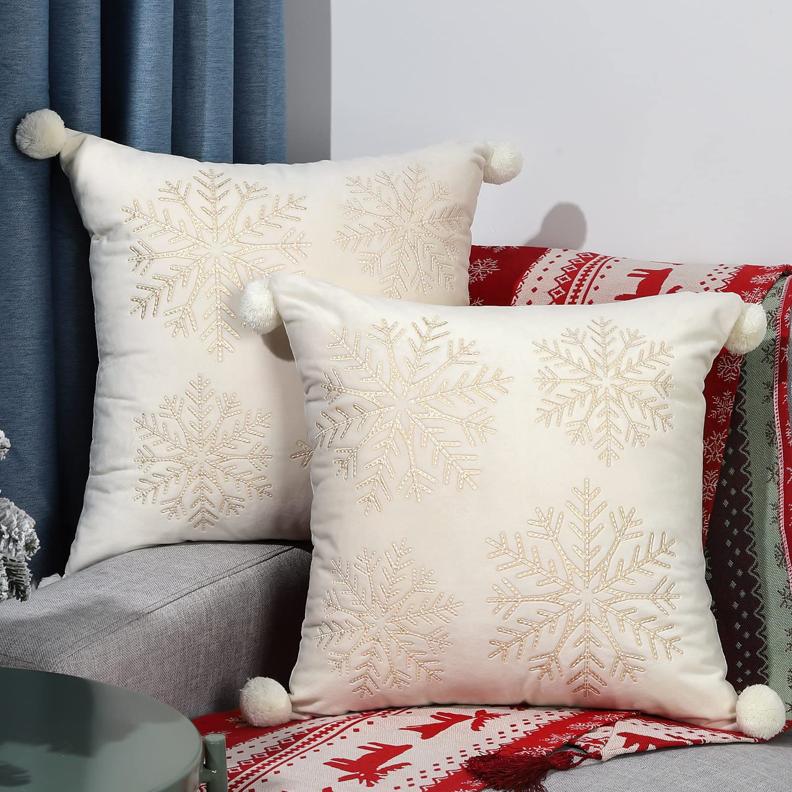 Phewnyzo  Christmas Throw Pillow Covers 2 Pack 18 x 18 Inch Embroidered Snowflake Tree Decorative Soft Velvet Cushion Covers with Pom Poms for