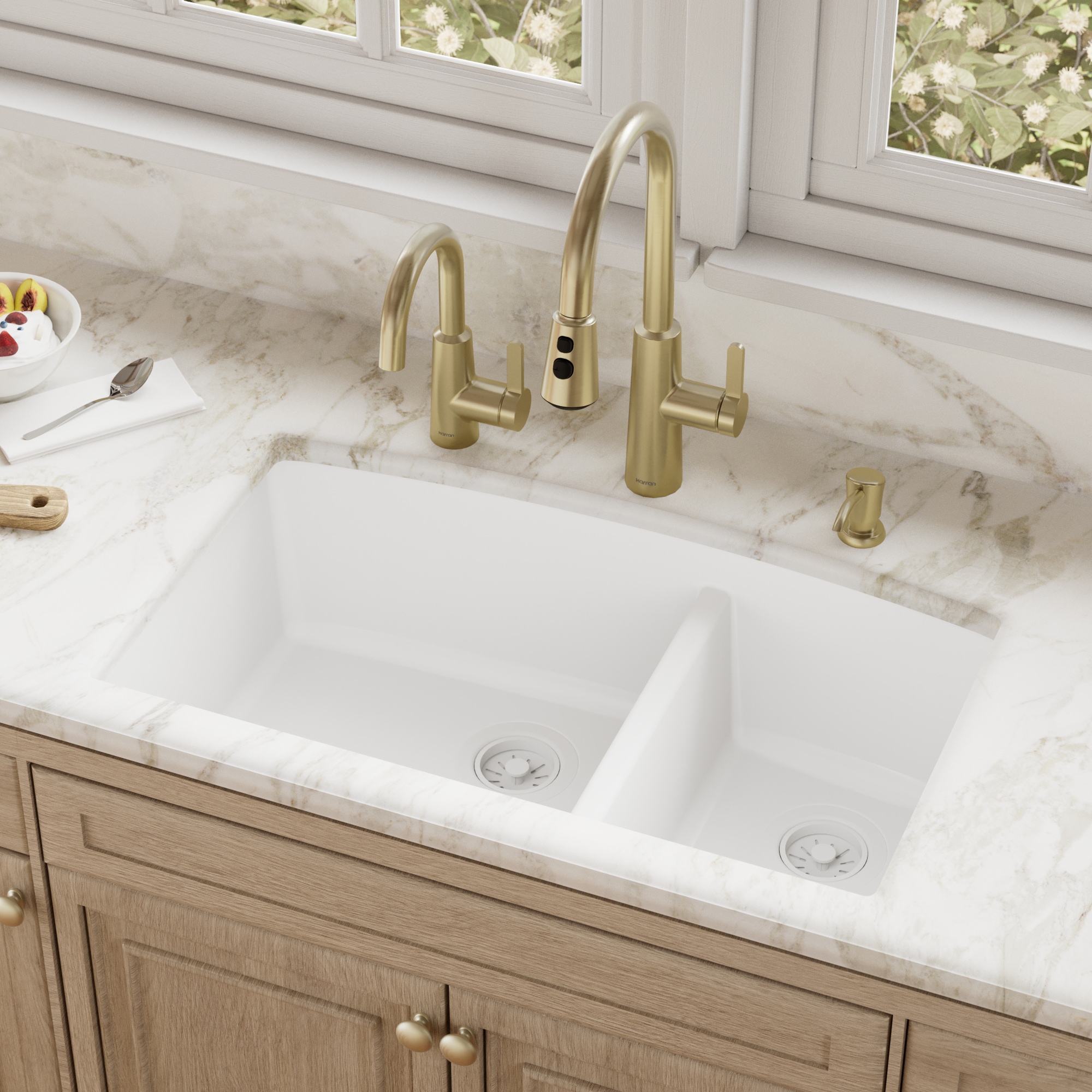 Karran Undermount 32-in x 19.5-in Quartz Double offset bowl Kitchen Sink