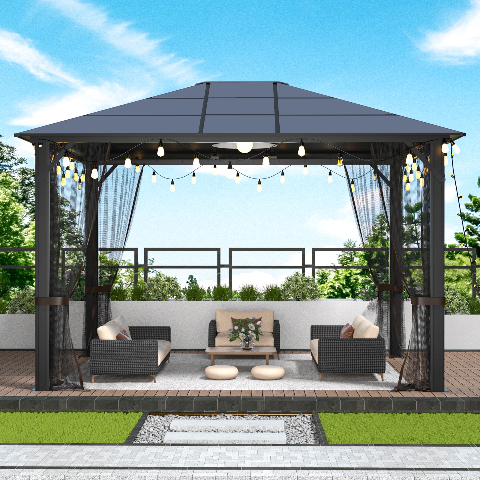 12-ft x 10-ft Patio Gazabo Mosquito Nets Rectangle Black Metal Polycarbonate Roof Semi-permanent Gazebo Stainless Steel | - Forclover MONMTM06