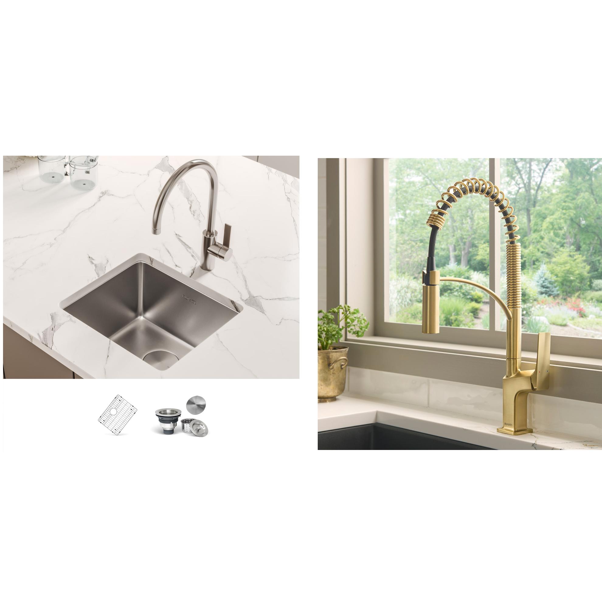 Ruvati Modena 16-in L x 18-in W Stainless steel Undermount Commercial/Residential Bar Sink with Seneca Brushed Gold Single Handle Deck-mount Pull-down Kitchen Faucet with Sprayer