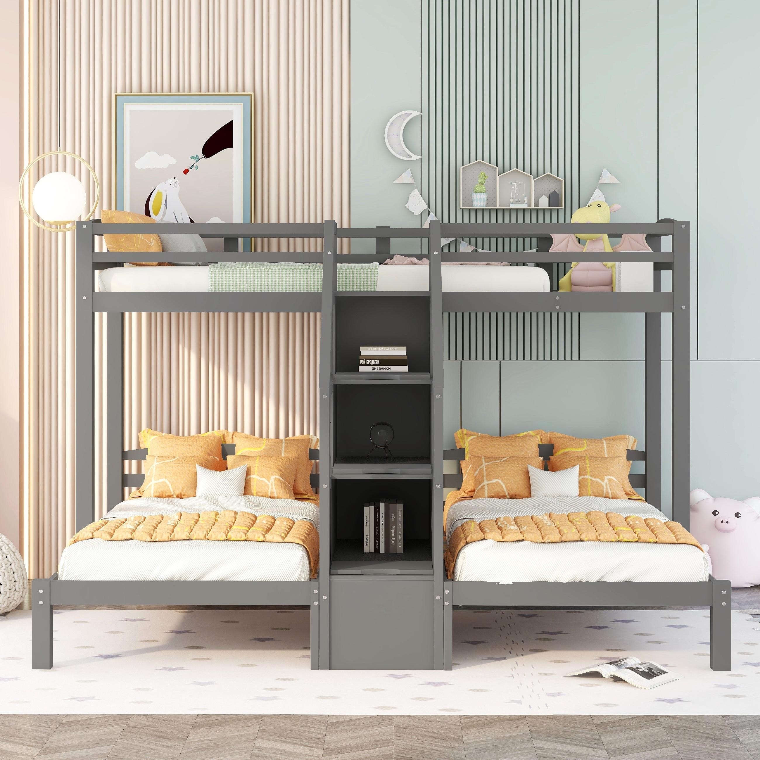 Bellemave Twin over Twin and Twin Triple Bunk Bed with Staircase and Storage Drawer Gray