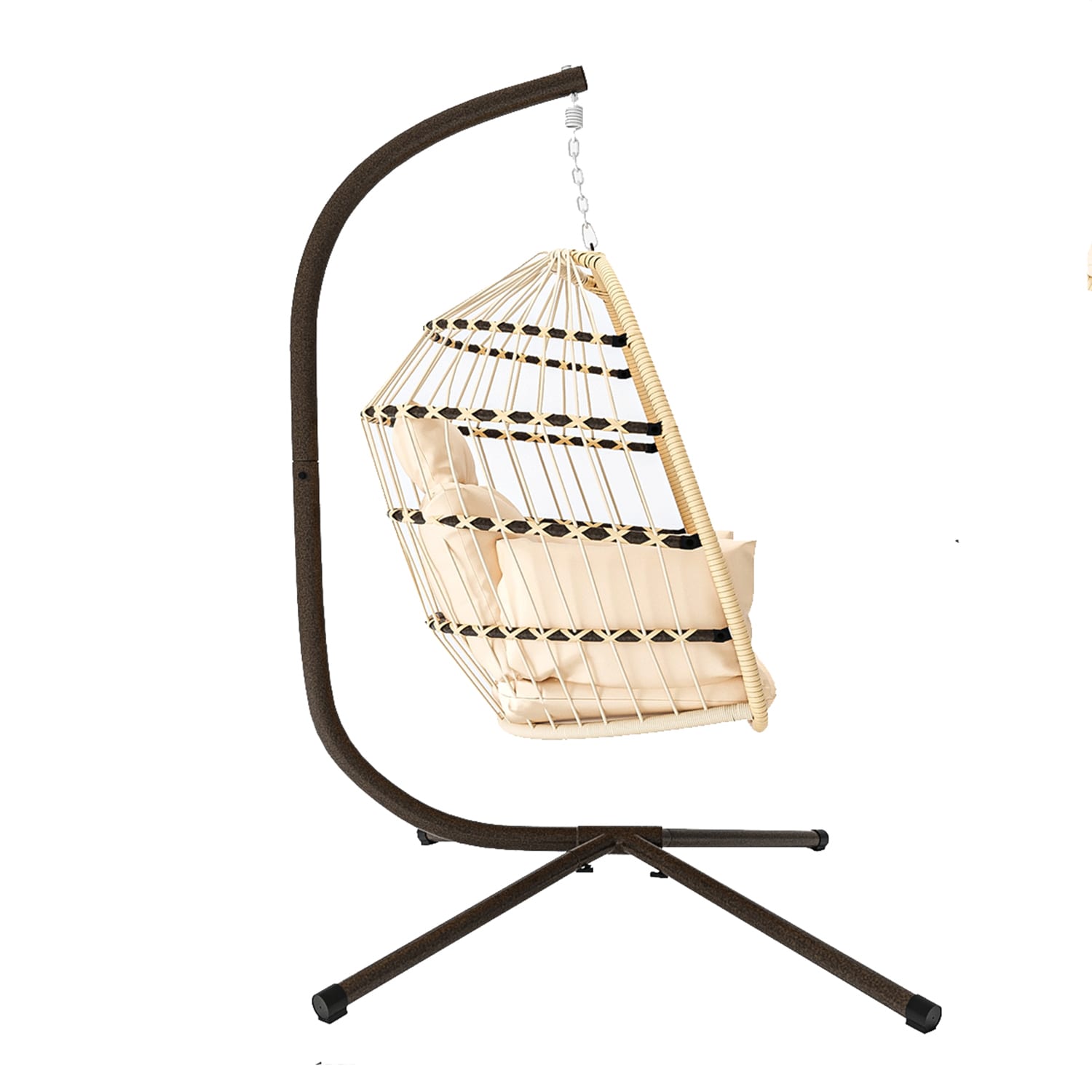 SINOFURN SYB840018BK Wicker Brown Steel Frame Hanging Egg chair Chair with Off-white Cushioned Seat
