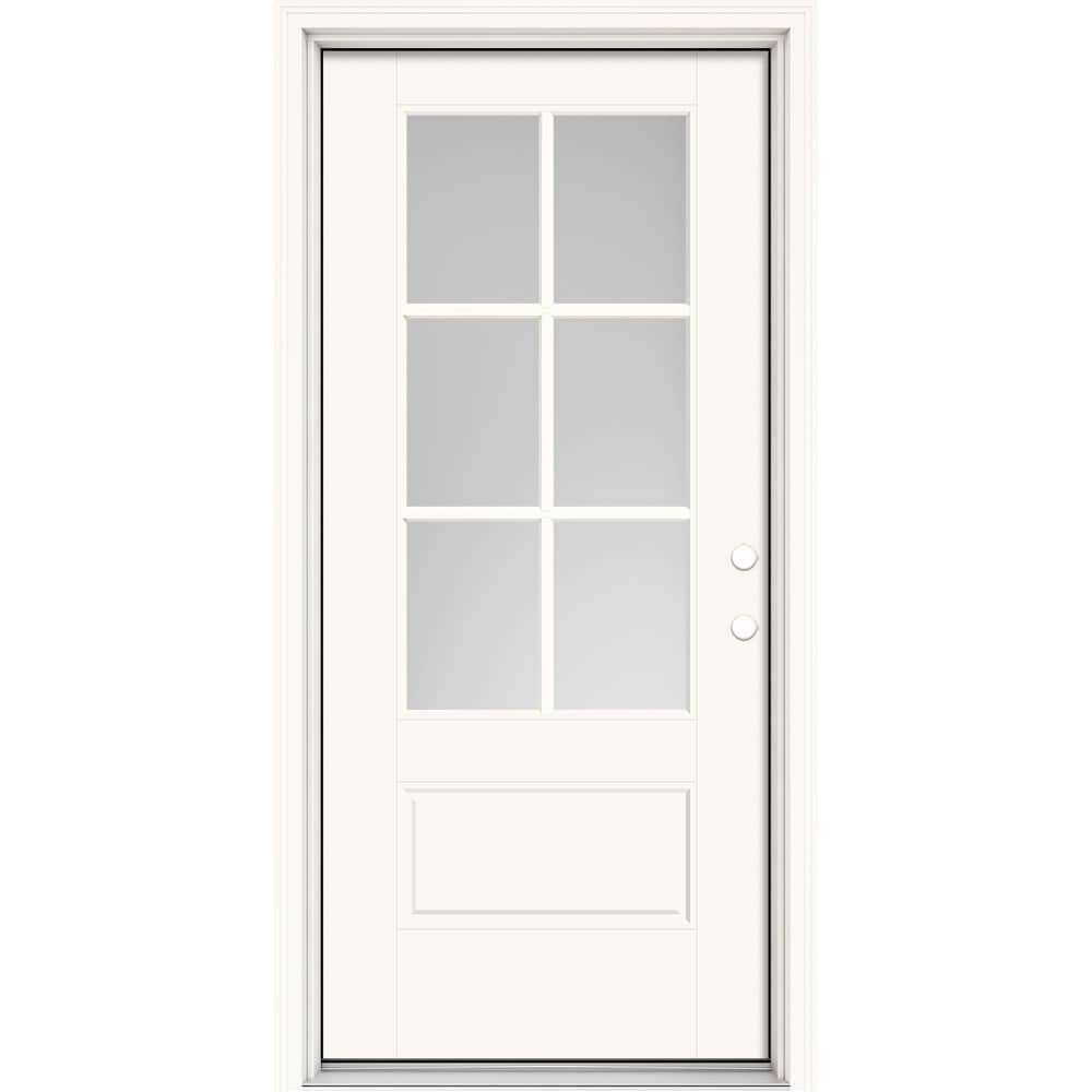 Masonite 630452 Performance Door System 36-in x 80-in x 4-9/16-in Fiberglass 3/4 lite Right-hand inswing Modern White Painted Prehung Front Door with Brickmould Insulating core with Grilles