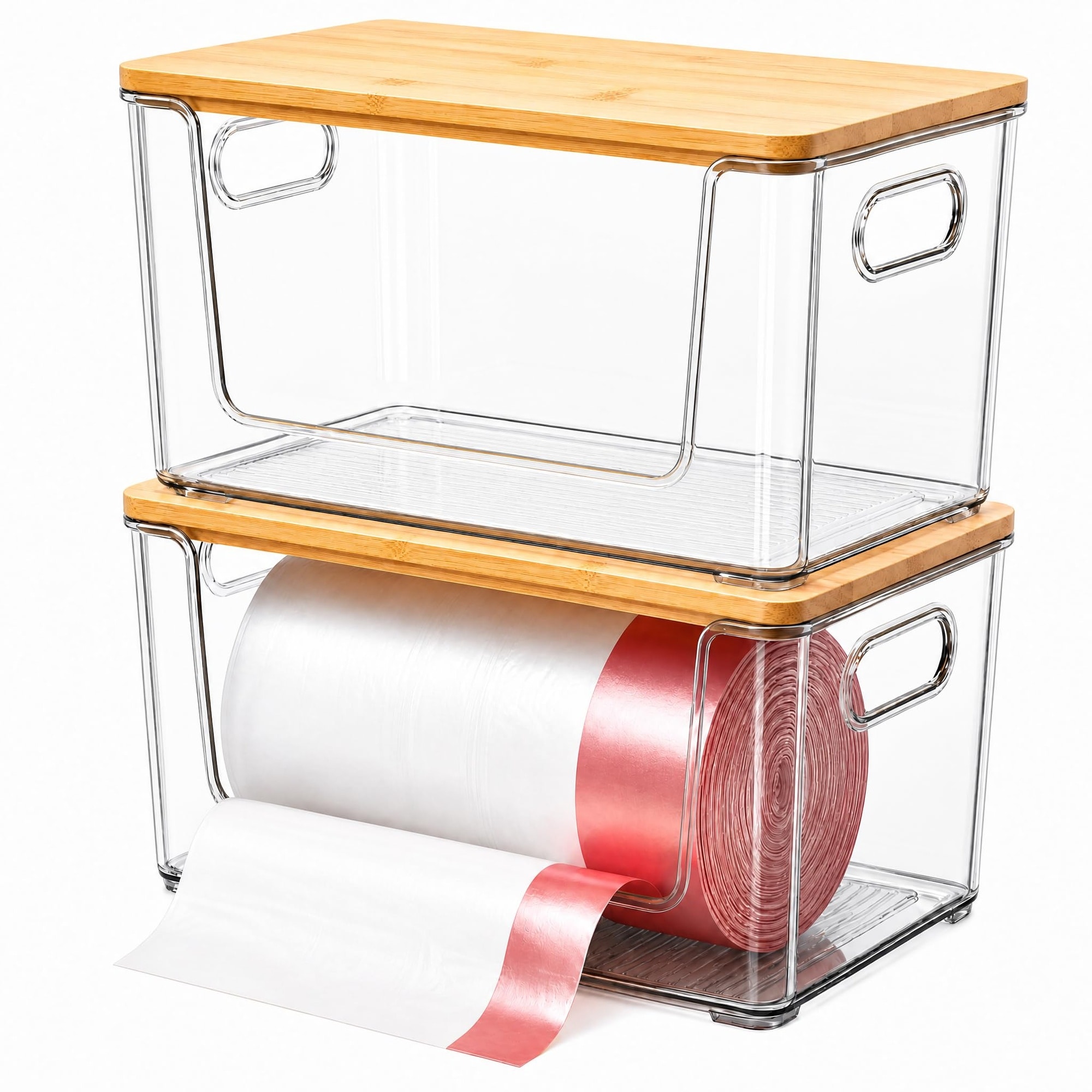 UUDULY  Stackable Trash Bag Holder with Bamboo Lid Clear Organizer for 13 Gallon 30 Gallon and 33 Gallon Bags Under Sink Kitchen Laundry Room