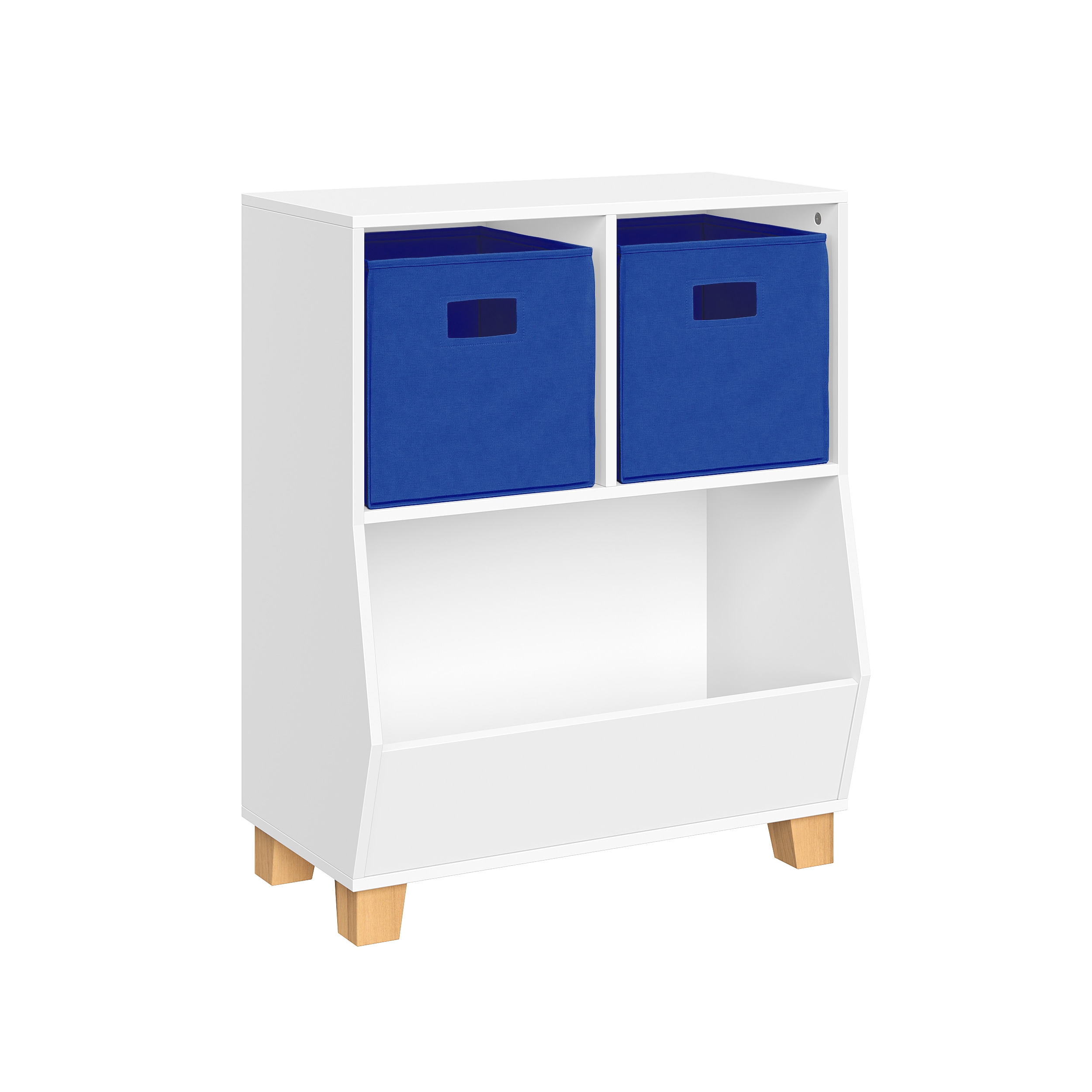 RiverRidge 02-328K Catch-All White with 2 Blue Bins 3 -Compartment Kids bookcase ( 23.6-in W x 29.1-in H x 13.31-in D )