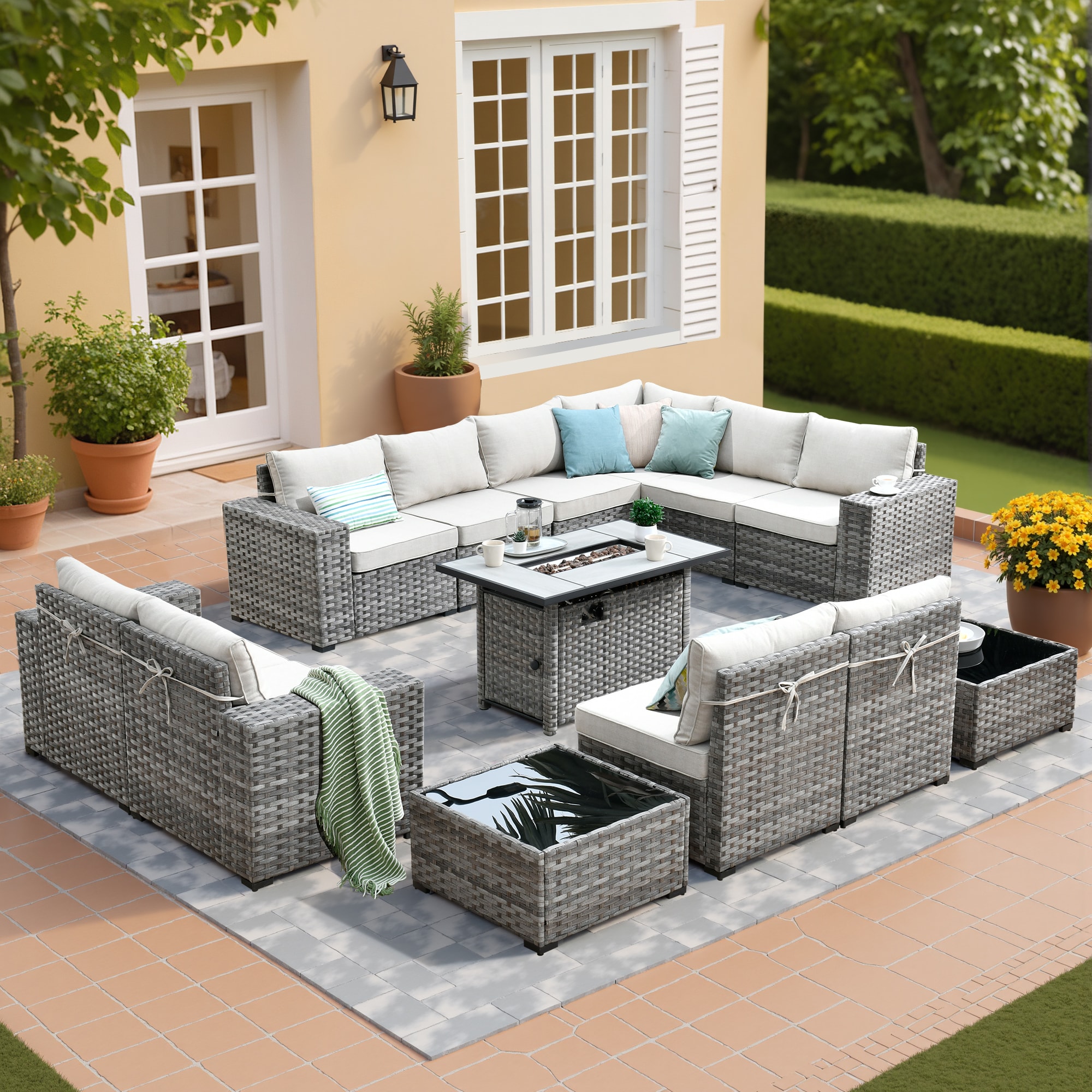 Pouuin SRFPBBR6013 13 -Piece Rattan Patio Conversation Set with Off-white Cushions