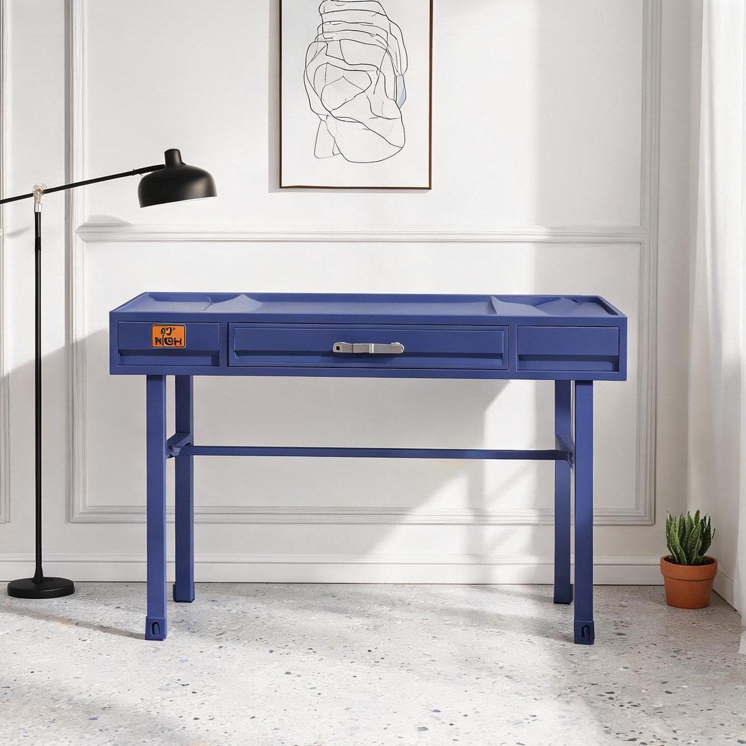 chillscreamni Modern Blue-Toned Wood and Metal Writing Desk with Single ...