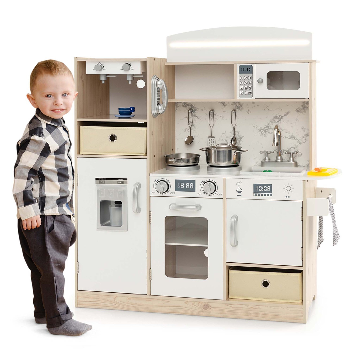 Costway - Kids Pretend Play Kitchen Wooden Toy Playset with LED Lighting and Coffee Maker