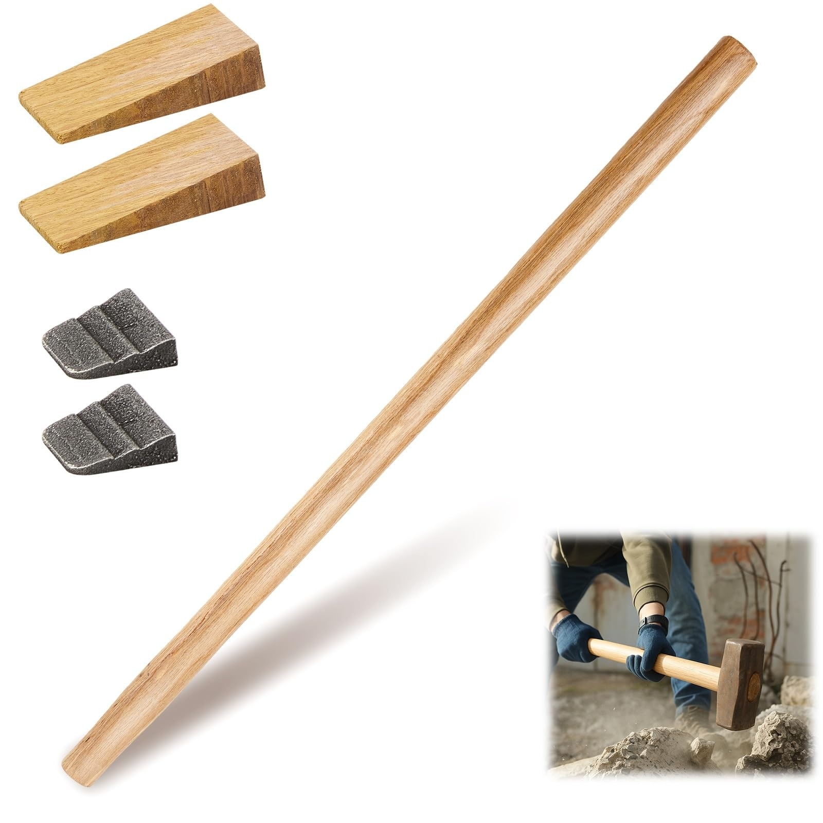 Misopily  36 Inch Sledge Hammer Handle Kit 1 Set Wood Handle 2 Wood Wedges 2 Steel Wedges for Carpentry Construction Decking Framing DIY