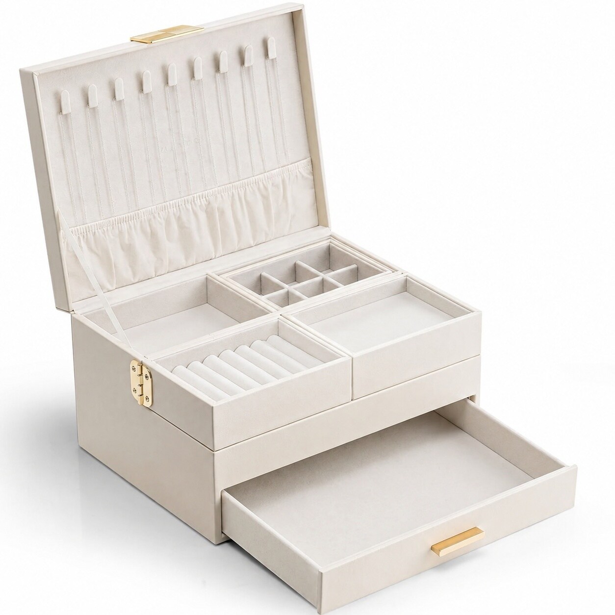 Etokfoks  3 Layer Cloud White PU Leather Jewelry Box with Retractable Tray and Drawer for Necklaces Rings Earrings