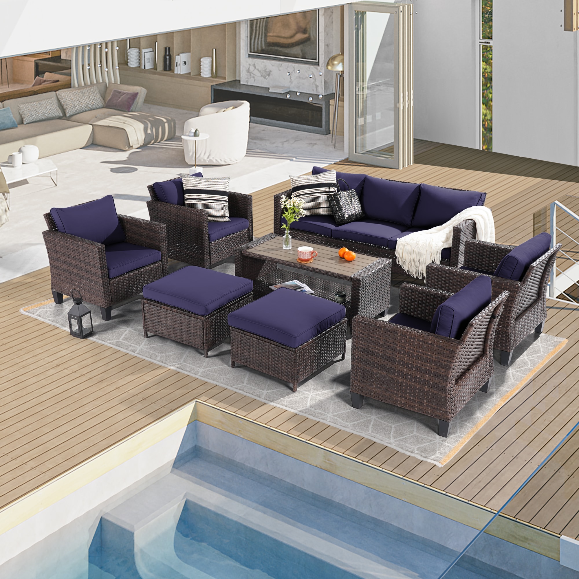 ACEGOSES LW-ST21-115BNY Skytop 8 -Piece Wicker Patio Sofa Conversation Set with Blue Cushions