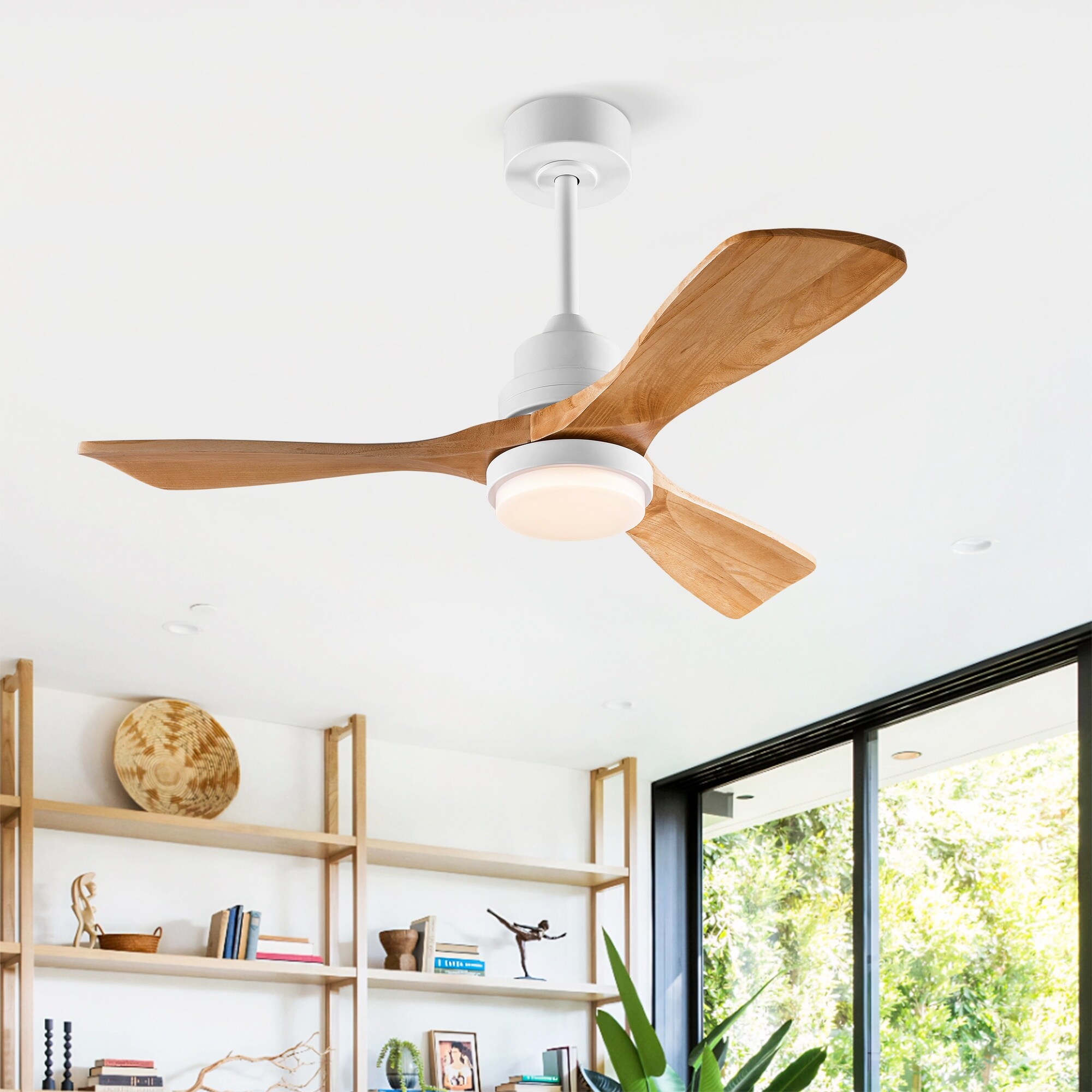 HyperDrop Cart 42-in Modern Ceiling Fan With 3 Color Dimmable 3 Solid Wood Blades Remote Control Reversible DC Motor With LED Light