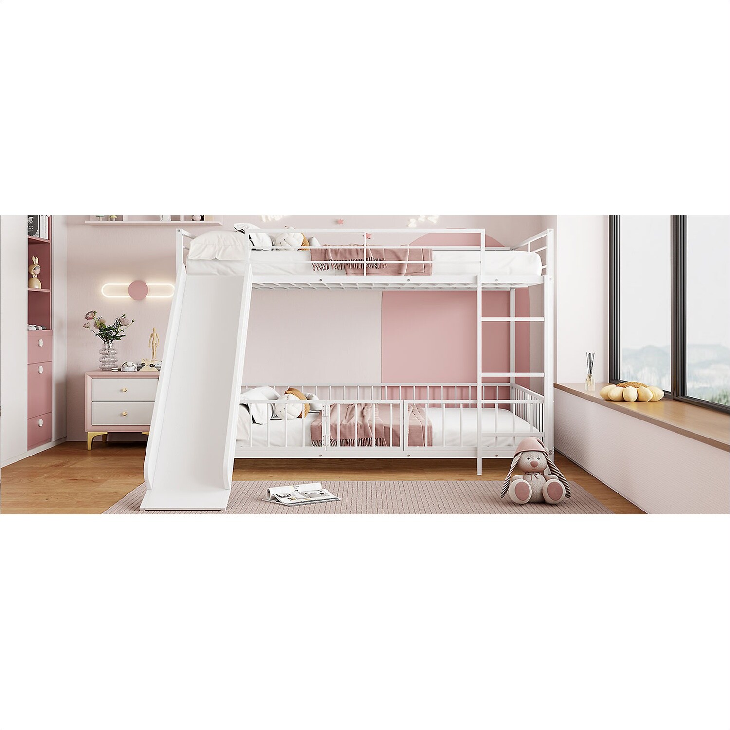 Watnature Full-Over-Full Metal Bunk Bed White Finish Slide Convertible ...