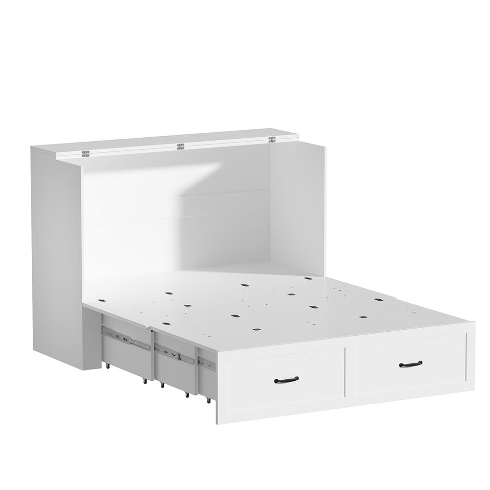Homsee V-KF020349-03+04 Multi-Functional 2-in-1 Murphy Cabinet Bed Queen Size Bed Frame with Built-in Power Strip 3 Drawers Foldable Platform Bed
