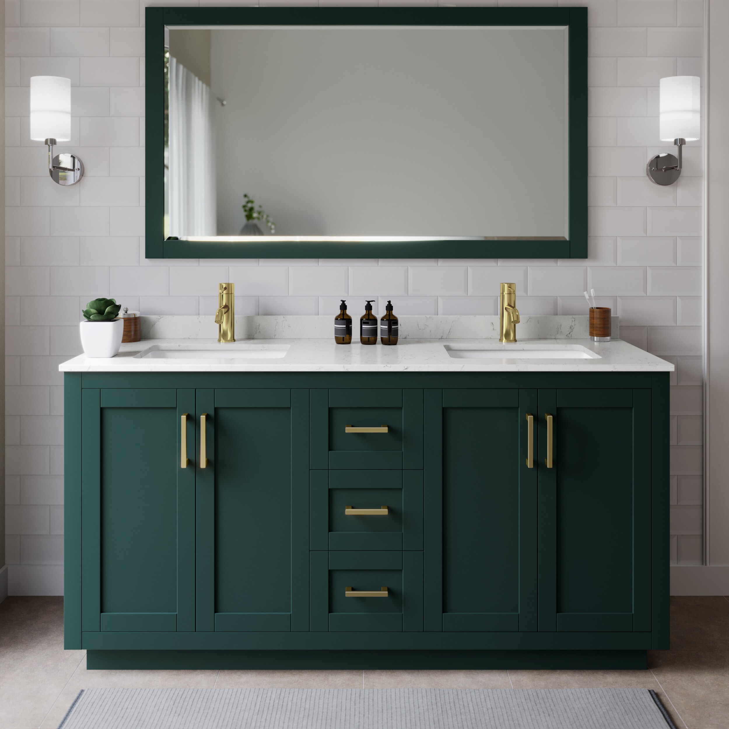 Wyndham Collection WCF292966DGDC2UNSMXX Miranda 66-in Green with Brushed Gold Trim Undermount Double sink Bathroom Vanity with Carrara Cultured Marble Cultured marble Top