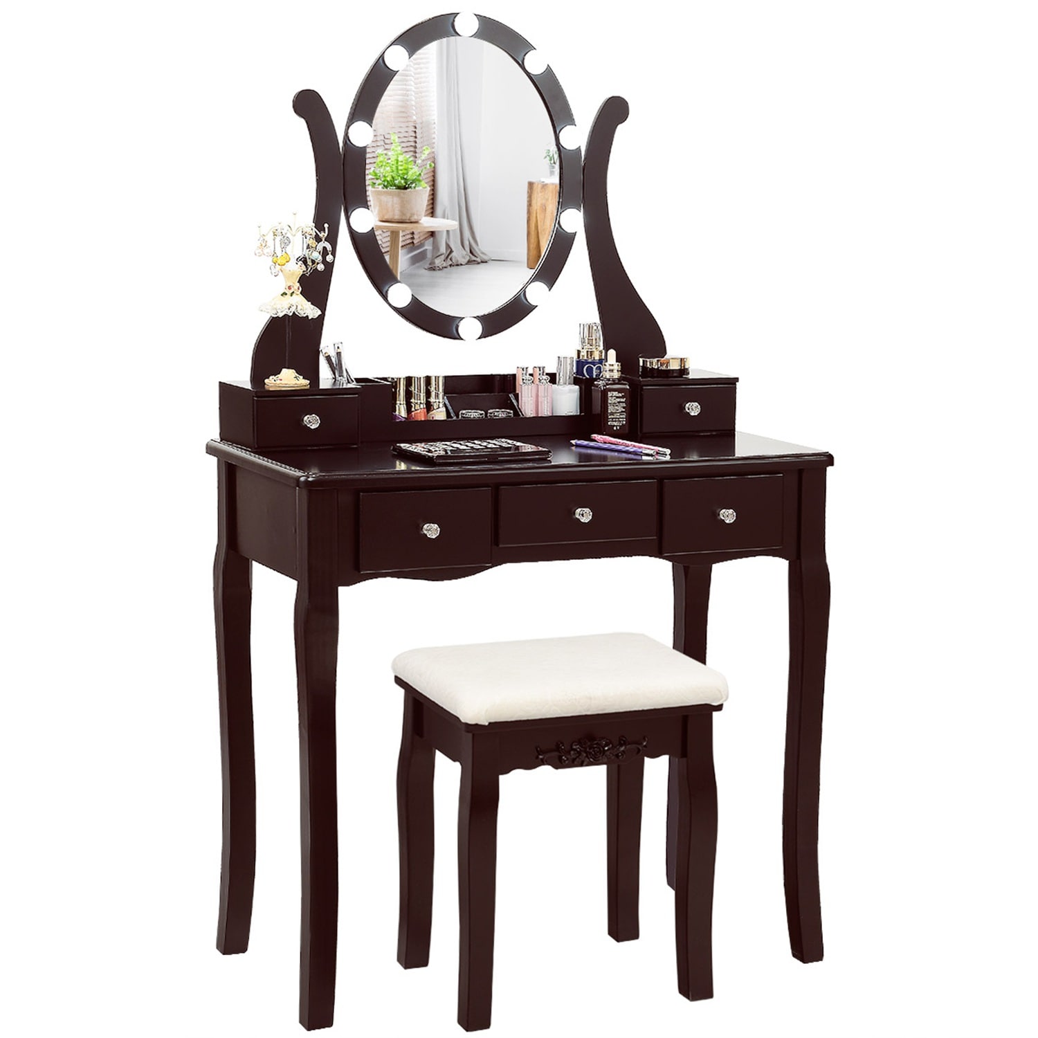 Costway Vanity Table Set with 10 Light Bulbs and Touch Switch Makeup Dressing Table Brown