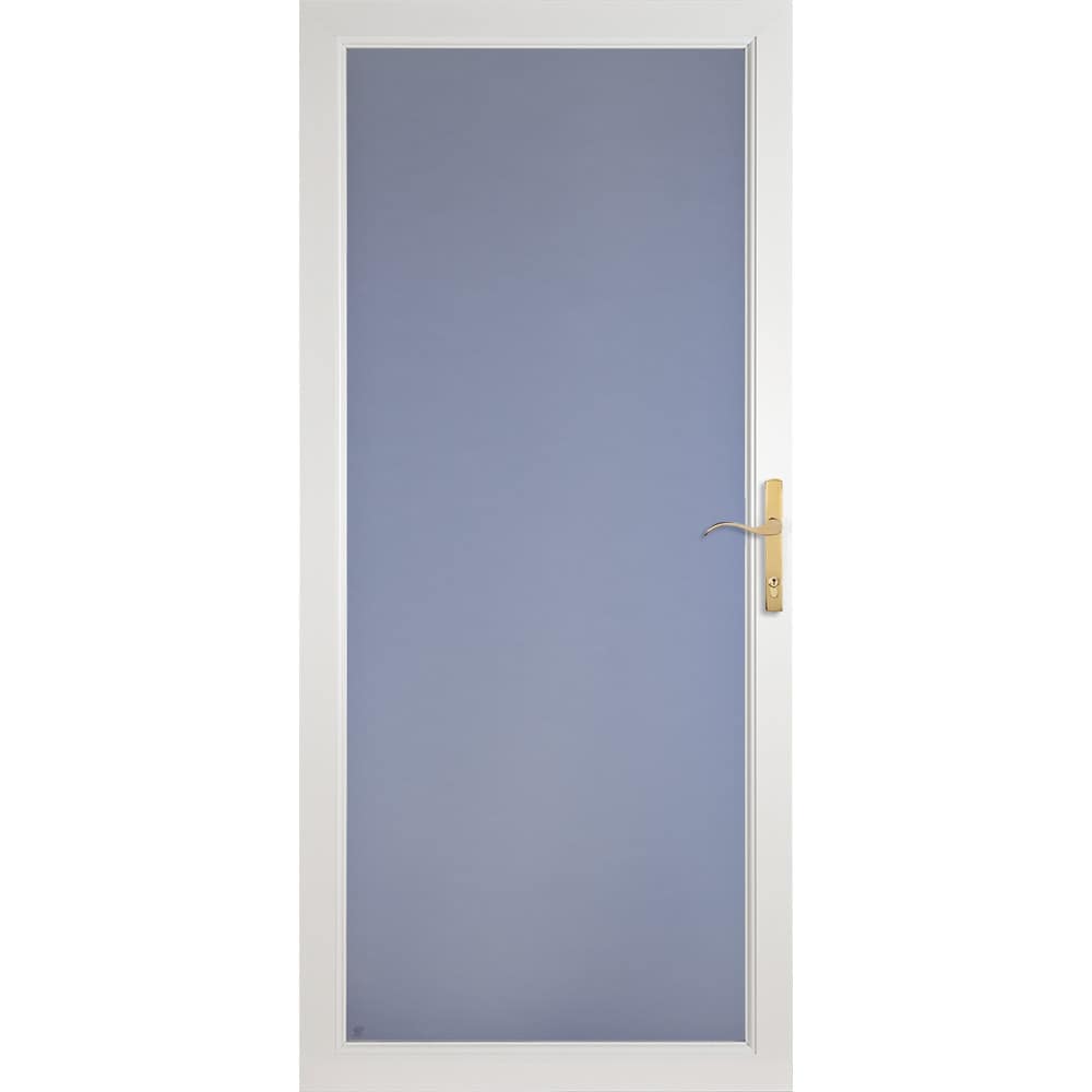 LARSON 34920032 Secure Elegance 36-in x 81-in White Aluminum Reversible Hinge Storm Door Full-view with ( Polished brass Handle Included )
