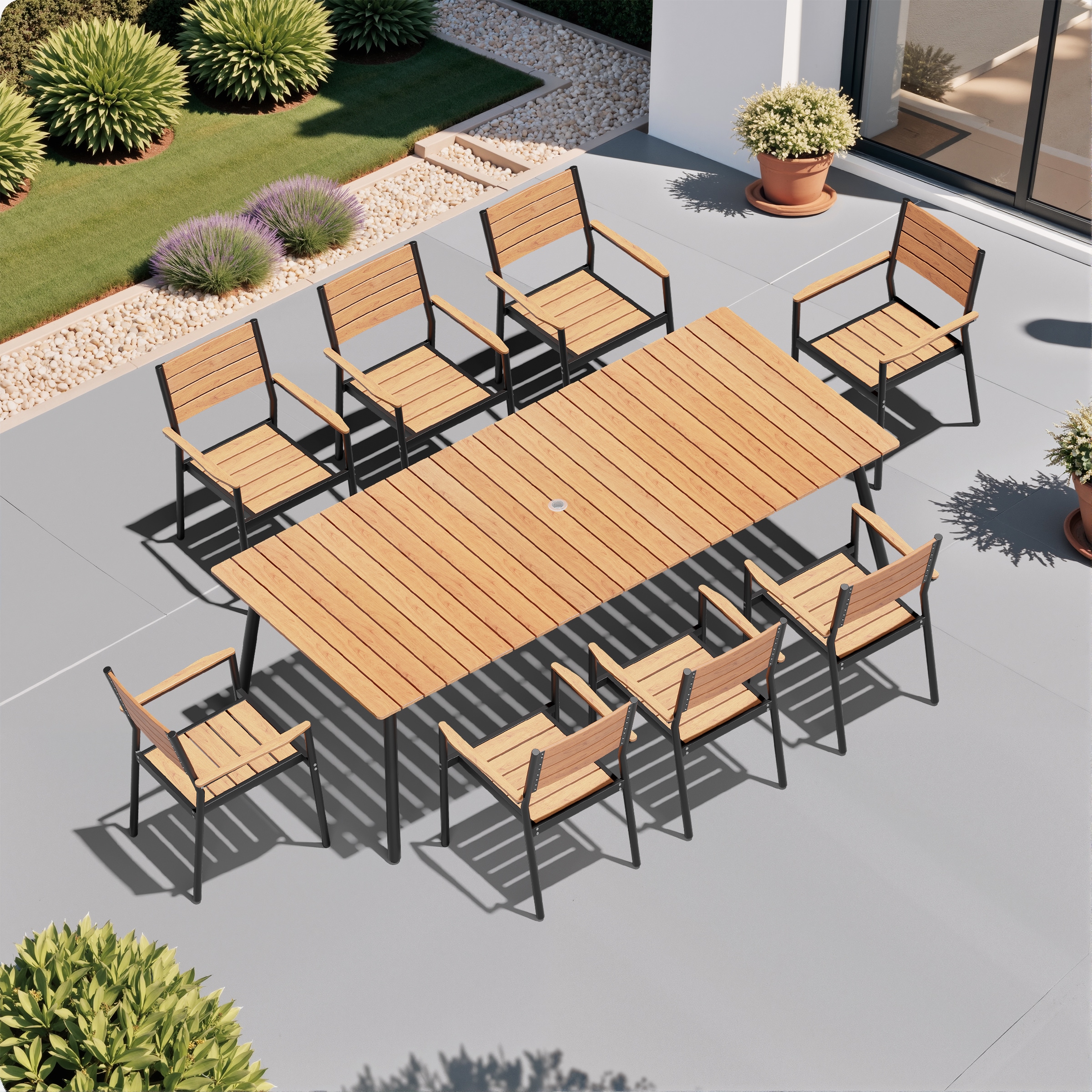 Crestlive Products CL-DC5013BRN-9 Outdoor 9 -Piece 92.49"-8 seat Patio Dining Set Aluminum Rectangle Table with 8 Brown Stackable Stationary Chairs