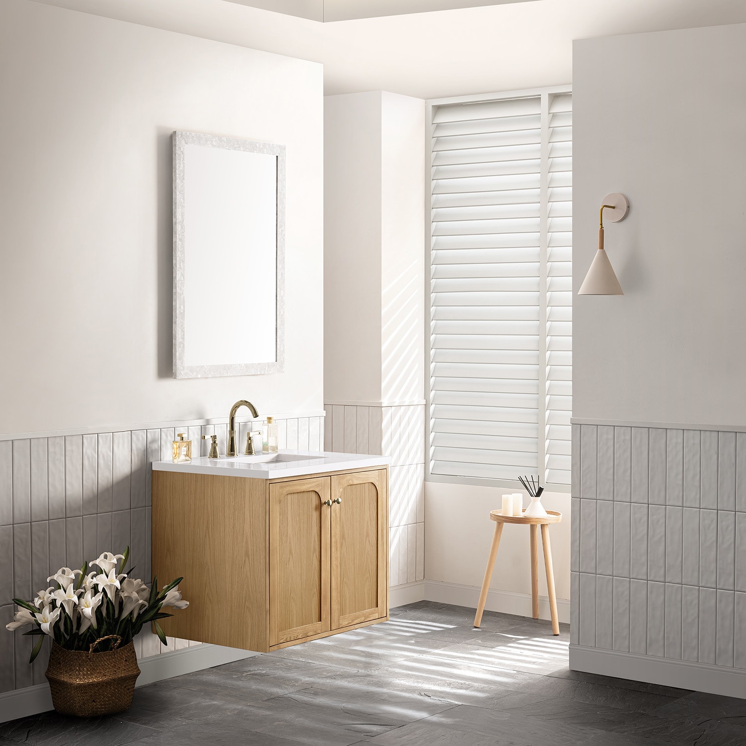 Light Natural Oak Wall-Mount Single Vanity with White Quartz Top