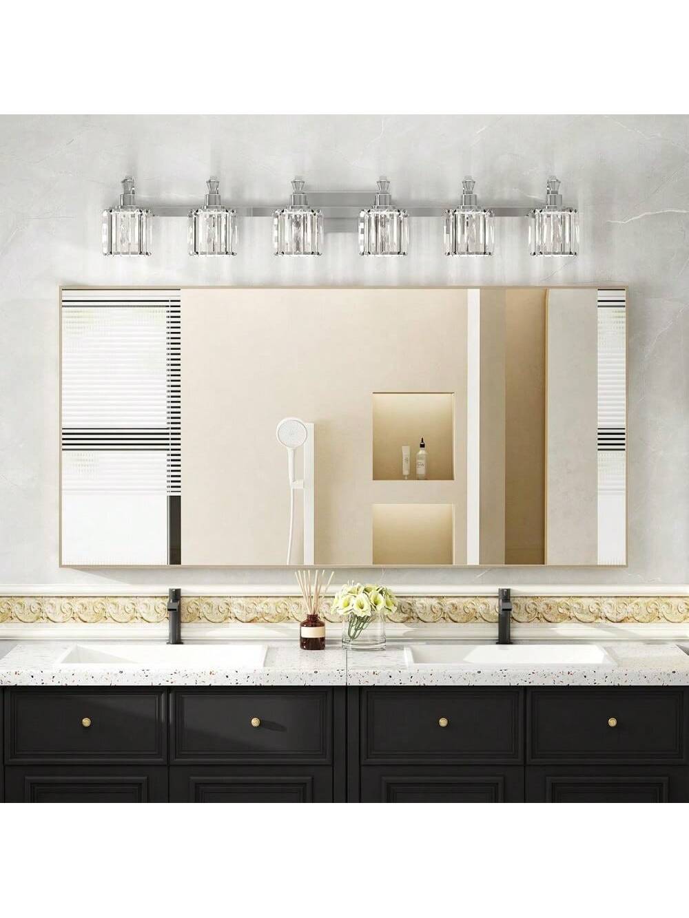 Qeetex PHO-10XERPBY-HF4 5/6-Light Mirror Chrome Crystal Bathroom Lamps With Square Lampshade. Modern Vanity Lights For Bathroom. Bedroom. Living Room Interior Decor