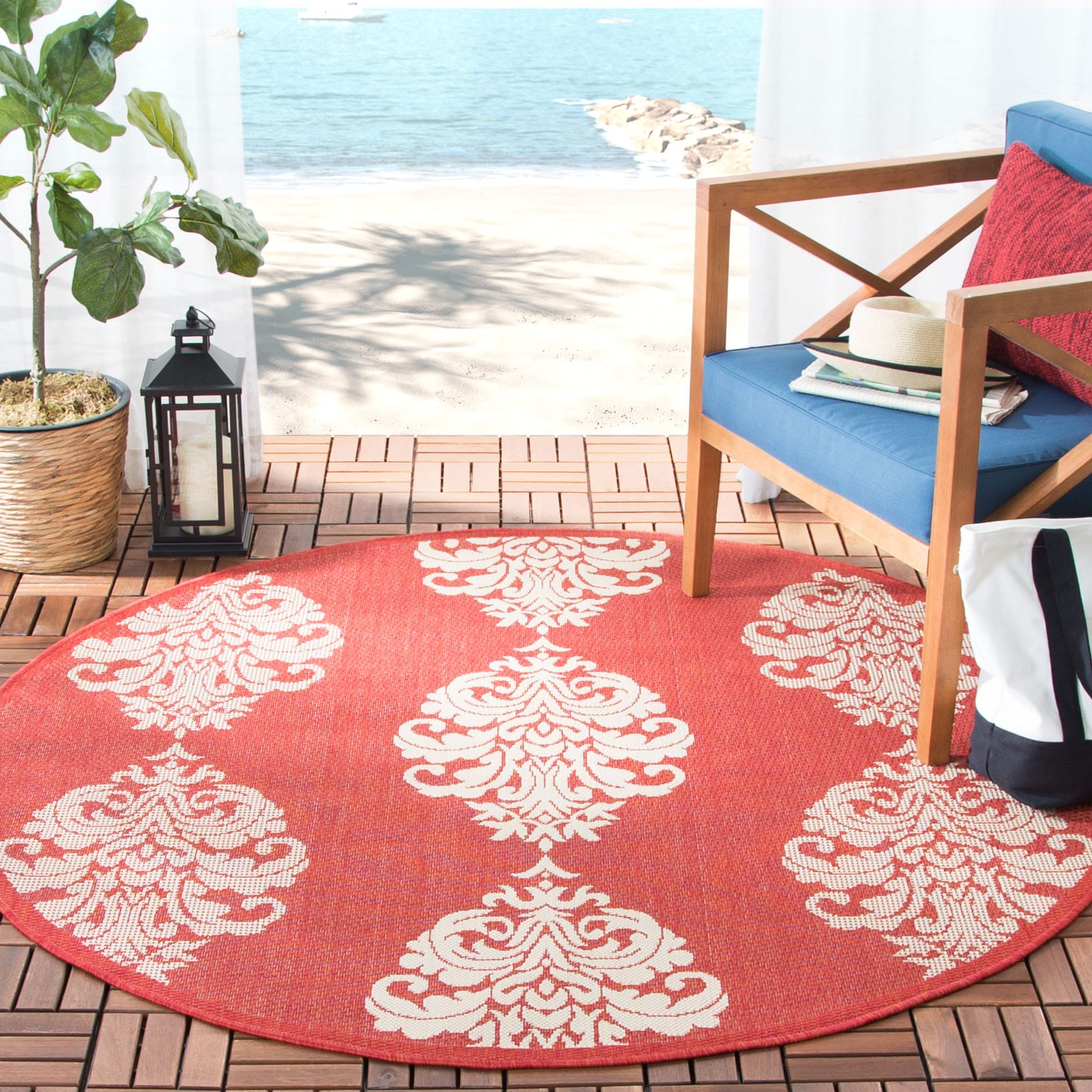 Safavieh CY2720-3707-5R Courtyard Bermuda 5 x 5 (ft) Loomed Polypropylene Red/Natural Round Indoor/Outdoor Damask Coastal Area rug