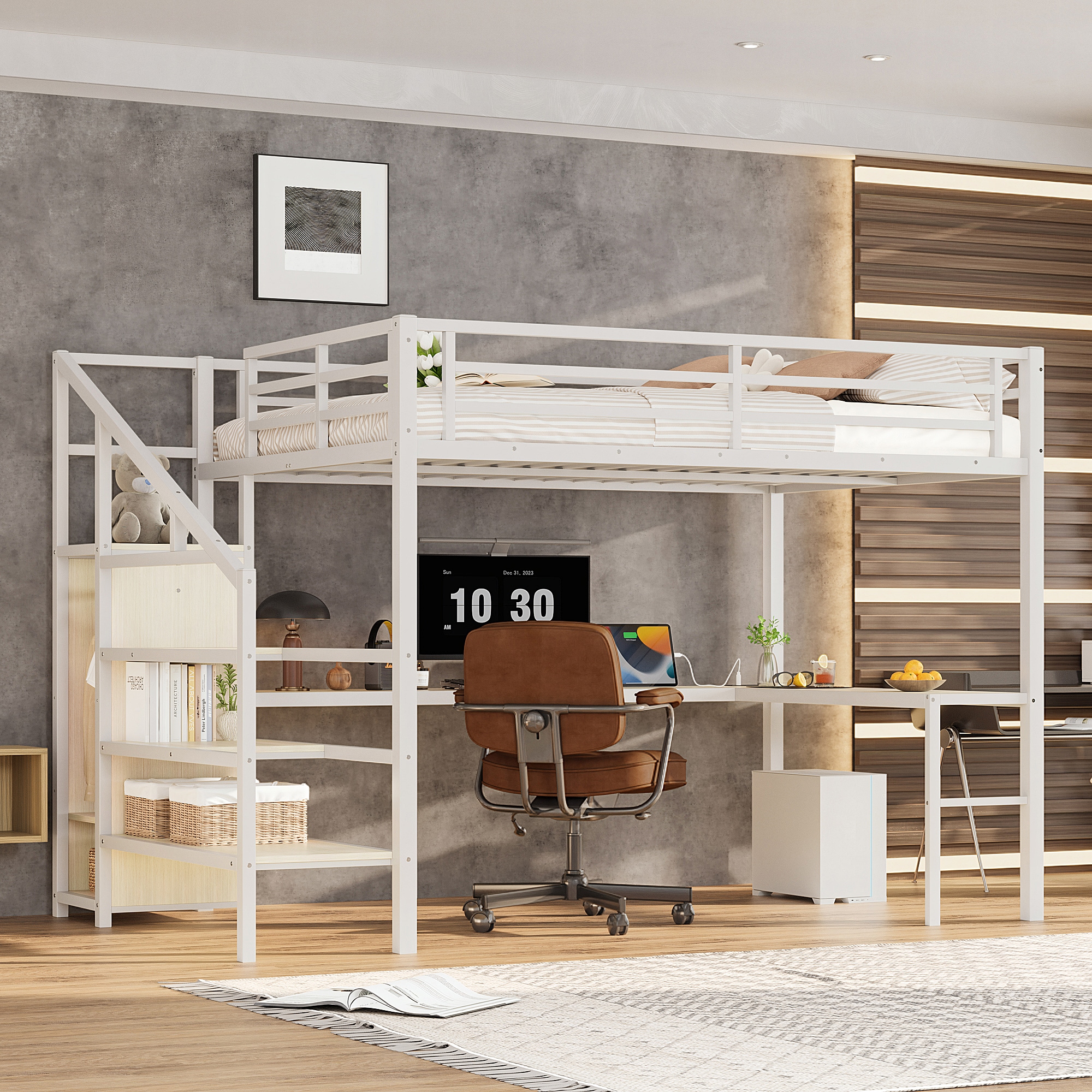 LOVMOR SF-Y-W1580S00181 Queen Size Loft Bed with L-shaped Desk and USB Metal Loft Bed with Wardrobe and Adjustable Shelf High Loft Bed with LED for Kids Teens Adults White Wood-grain