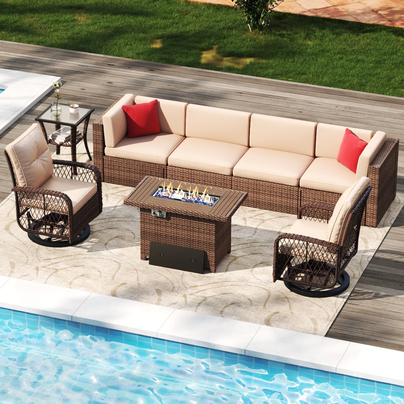Bapipro BP3508B13 8 -Piece Rattan Patio Sofa Conversation Set with Brown Cushions