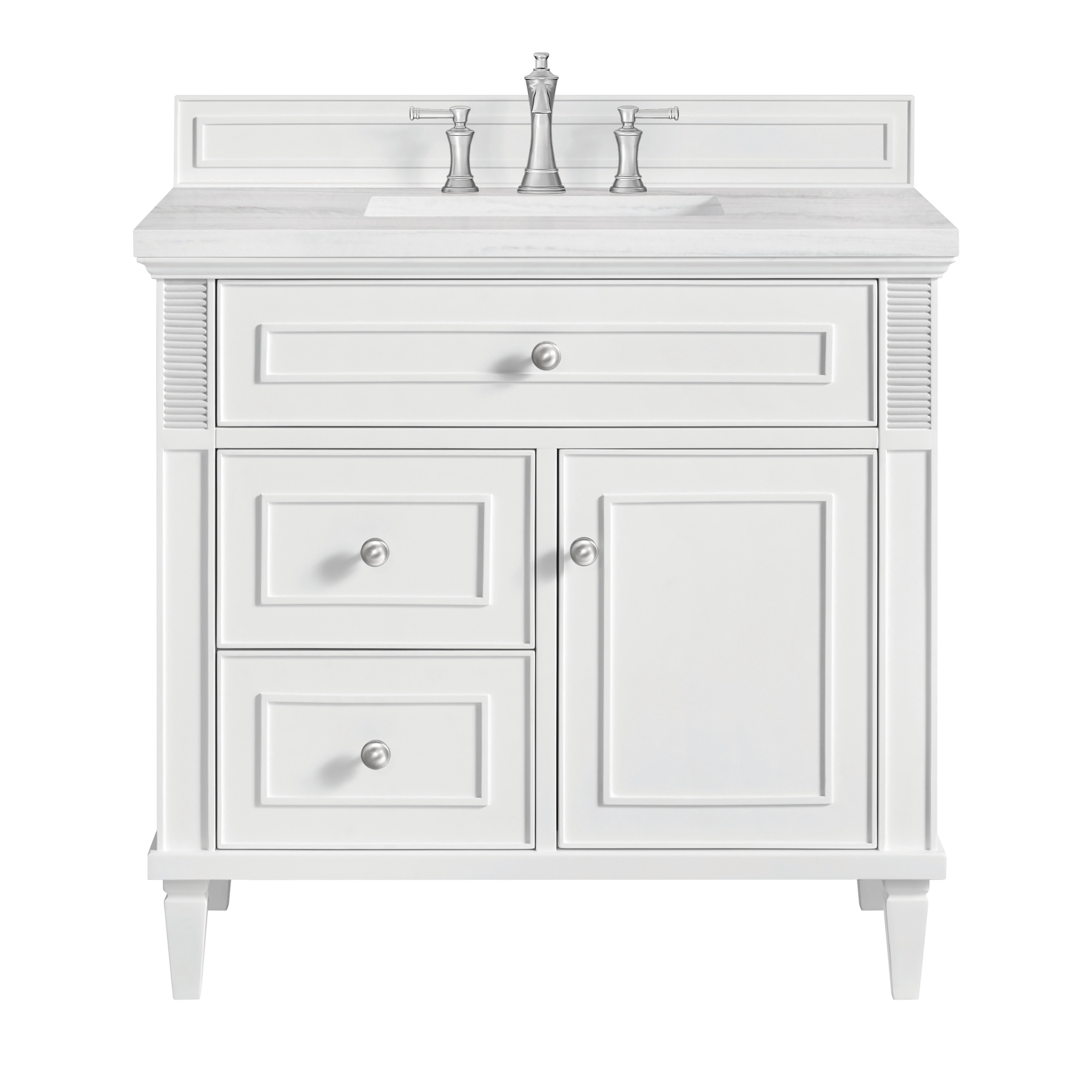 James Martin Vanities 424-V36-BW-3AF Lorelai 36-in Bright White Undermount Single Sink Bathroom Vanity with Arctic Fall Solid Surface Top