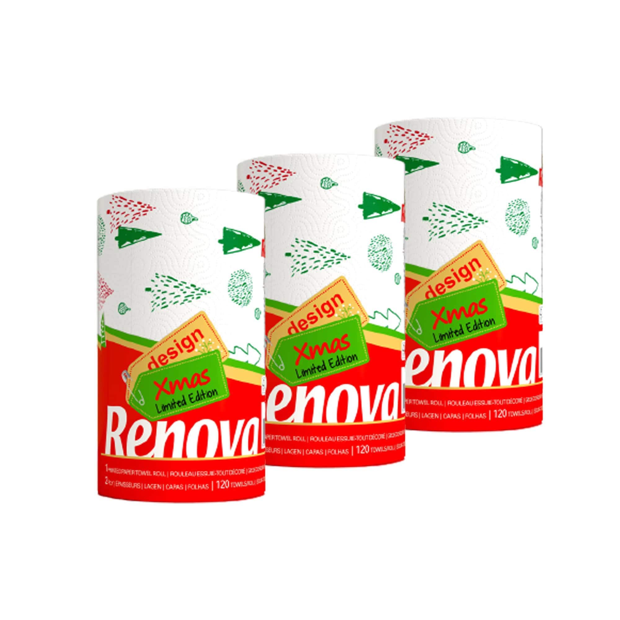 EVIDECO FRENCH HOME GOODS Renova Christmas Paper Towel Pack - 120 Sheets - 2 Ply - FSC Certified - Festive Holiday Design - Set of 3