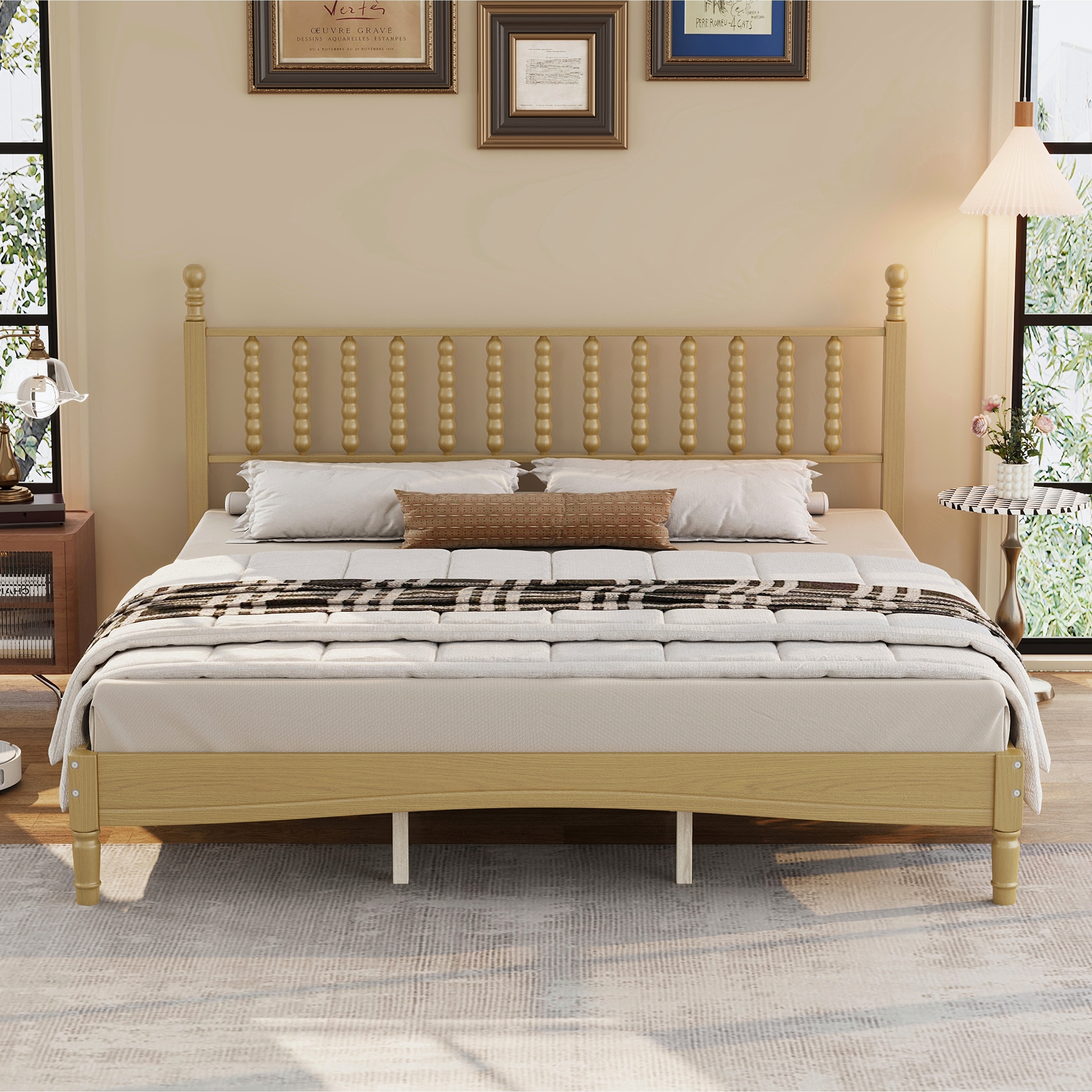 KTMBDW - king Size Wood Bed Frame with Headboard - Retro Style Platform Bed with Wood Slat Suppor...