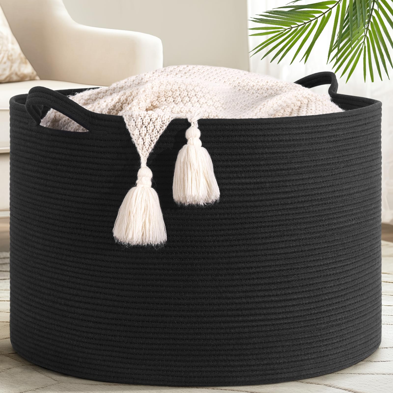 PIGFDK Black Cotton Woven Rope Storage Basket Large Blanket Toy Organizer with Handles