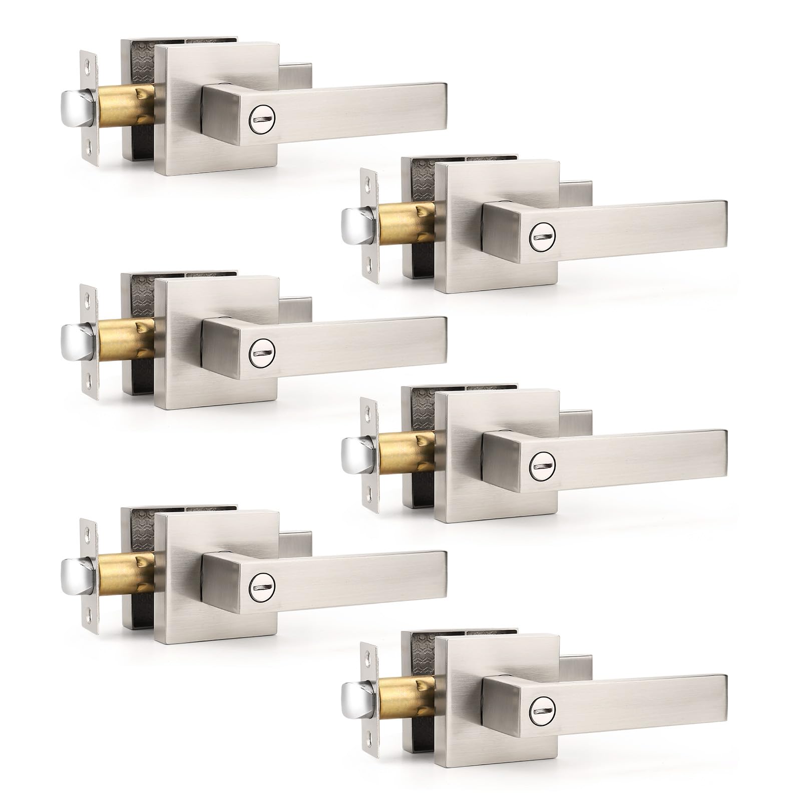 SenQWFa  Pack of 6 Square Door Handles Levers Satin Nickel Finished Bedroom Bathroom Privacy Locks Keyless Interior Door Locksets