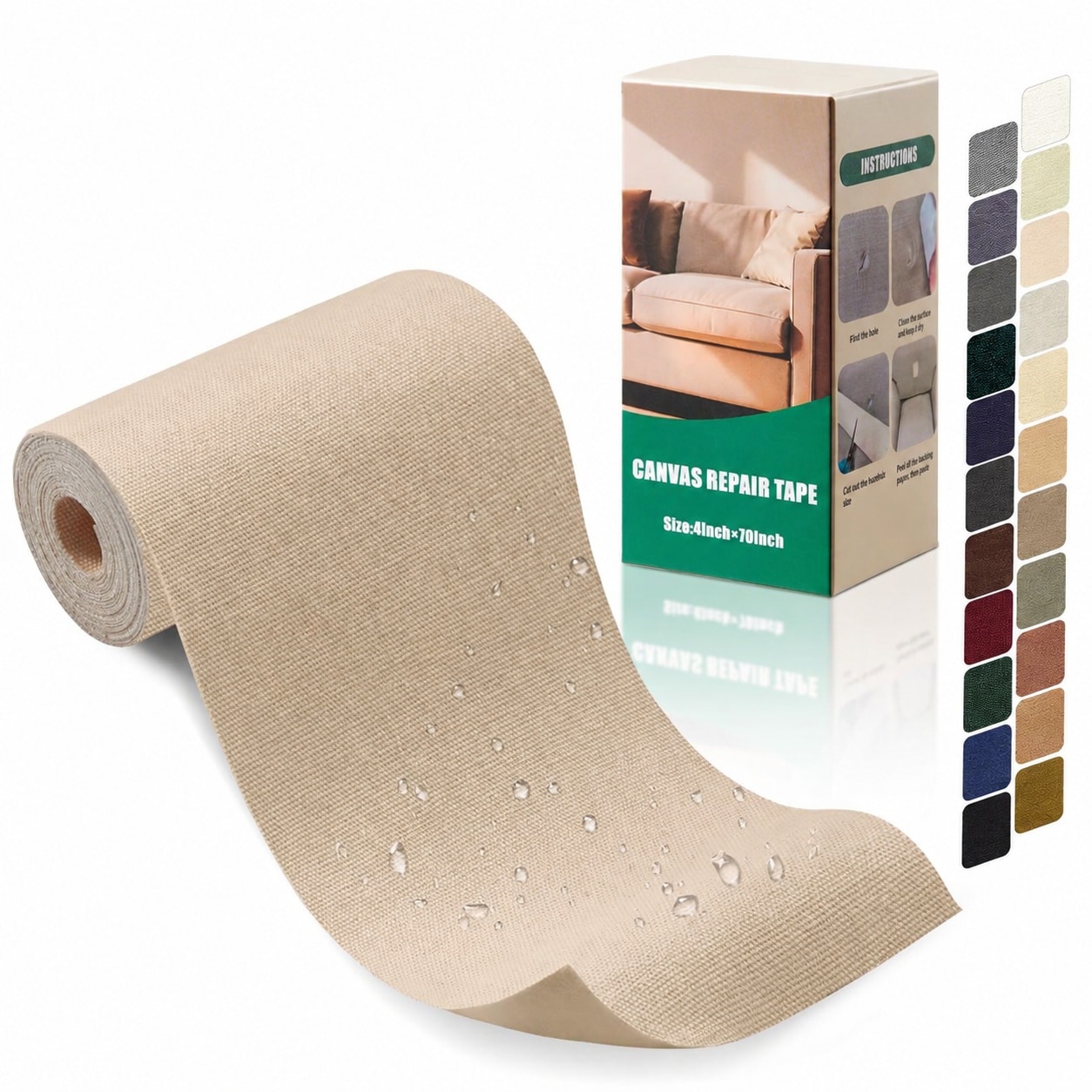 Phyfalip  Canvas Repair Tape 4 x 70 Inch Waterproof Self Adhesive Fabric Patch Roll for Boat Covers Tents Patio Umbrellas Car Seats Sofas Luggage